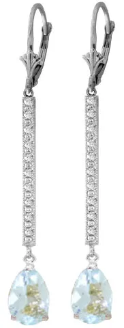 14K Solid White Gold Earrings w/ Diamonds & Aquamarines