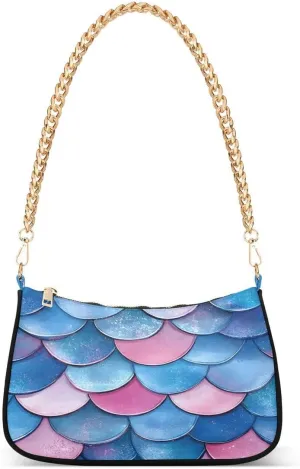 ALAZA Fish Scale Mermaid Blue Chian Shoulder Bag Handbags Tote Mini Clutch Purse Hobo Bag with Zipper Closure for Women