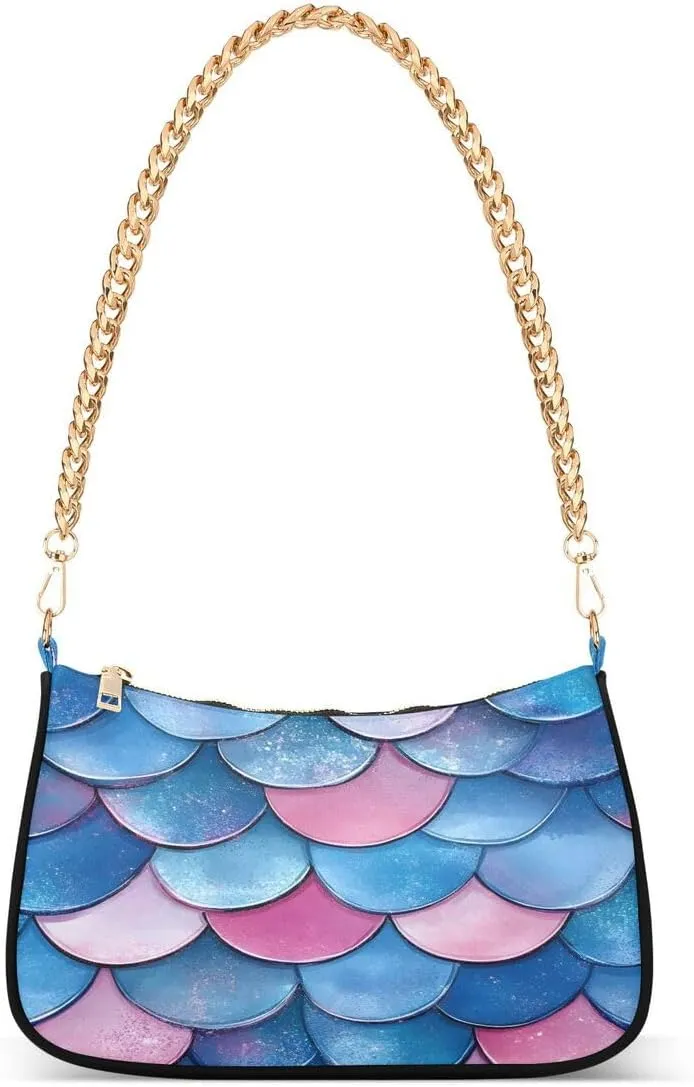 ALAZA Fish Scale Mermaid Blue Chian Shoulder Bag Handbags Tote Mini Clutch Purse Hobo Bag with Zipper Closure for Women