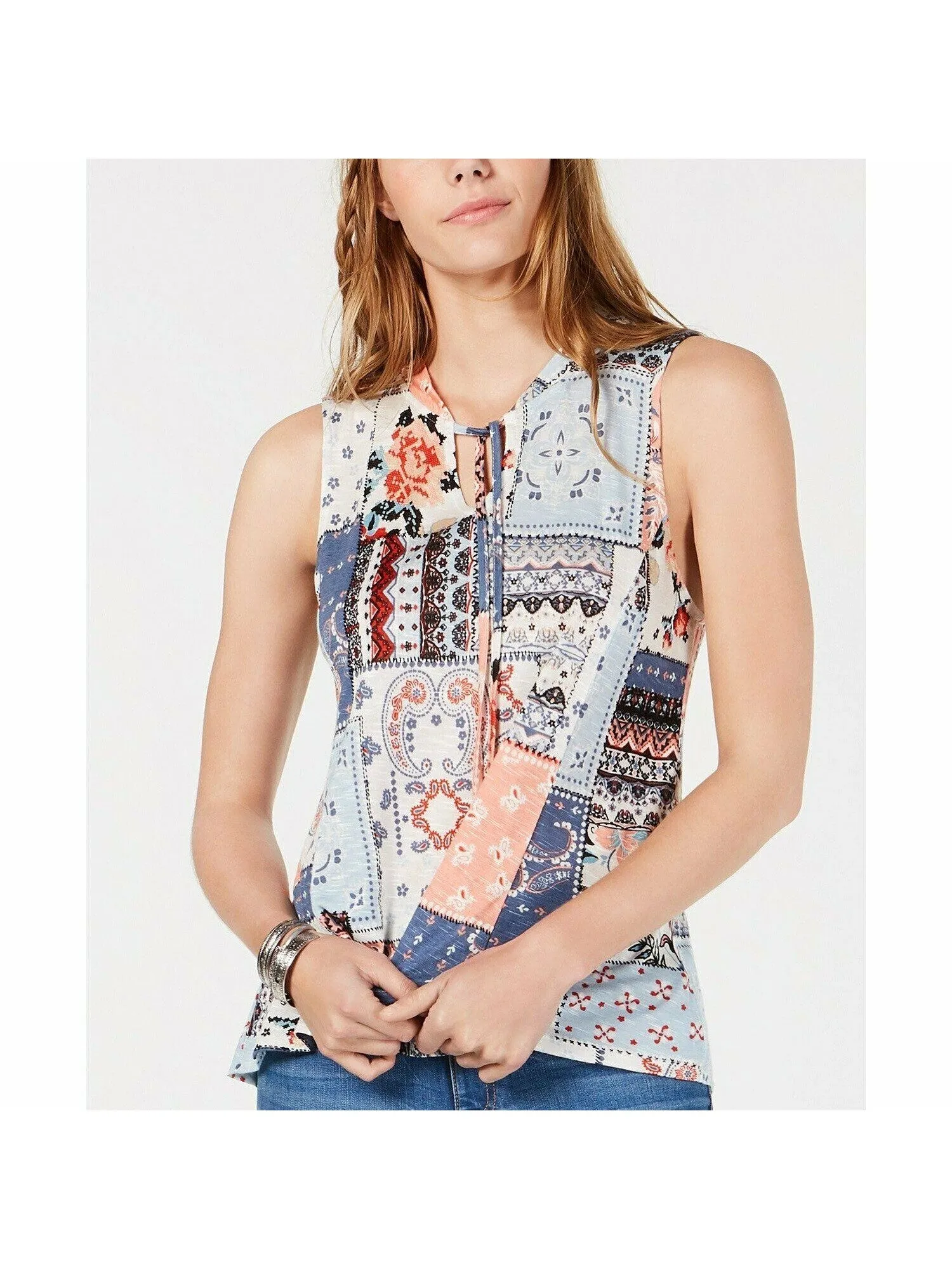 AMERICAN RAG Womens Blue Sleeveless Keyhole Top