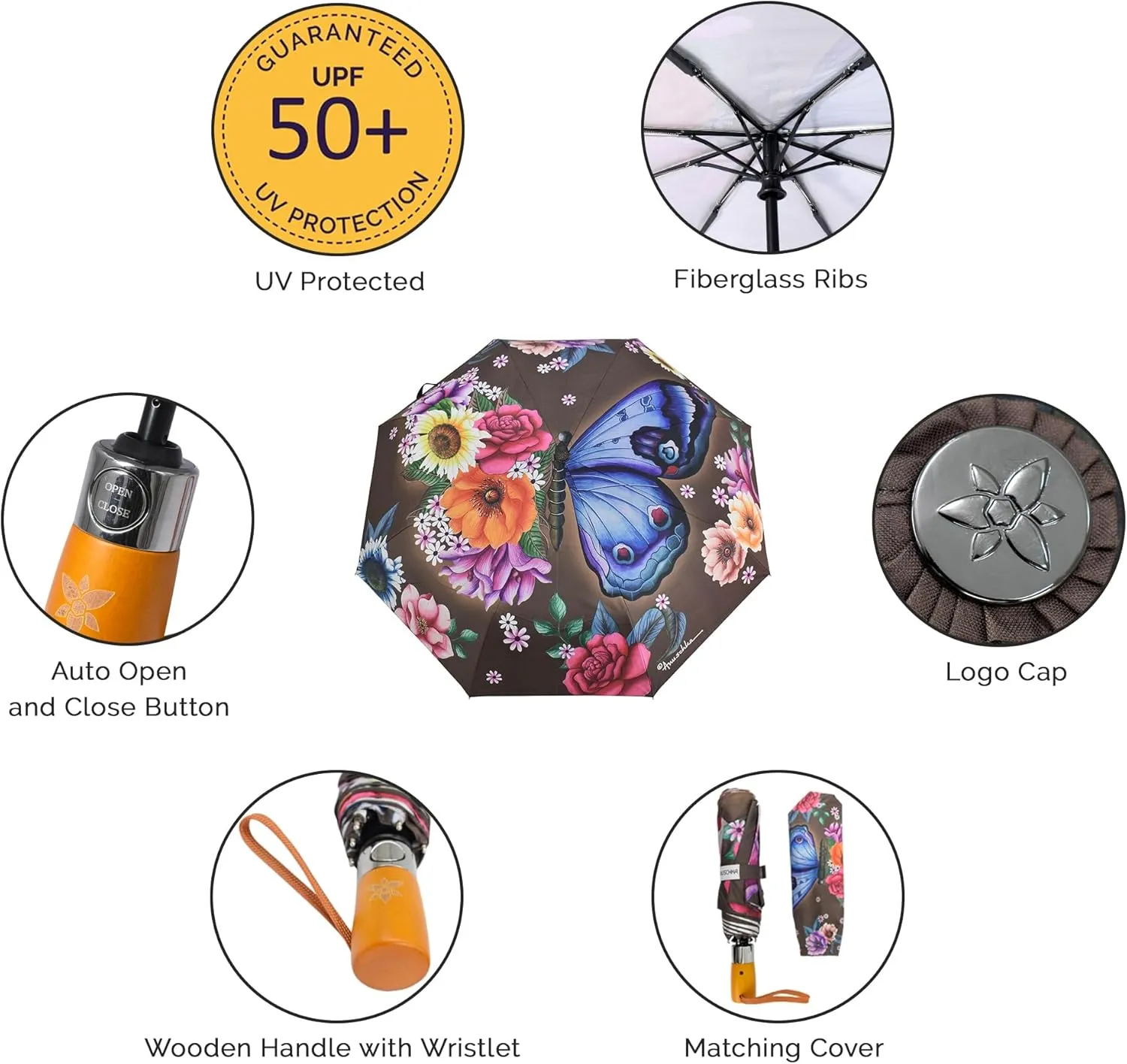 Anuschka Umbrella AUTO Open/Close - UPF 50  - 38 Waterproof Windproof Canopy - Fits in Handbag - Windproof Flexible Fiberglass