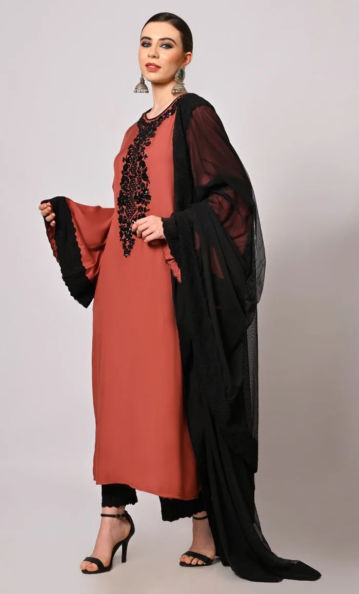 Artistry in Sequins: Hand Embroidered Root Bear Salwar Kameez Set