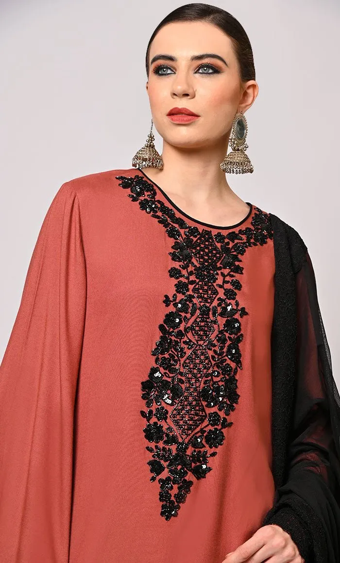 Artistry in Sequins: Hand Embroidered Root Bear Salwar Kameez Set