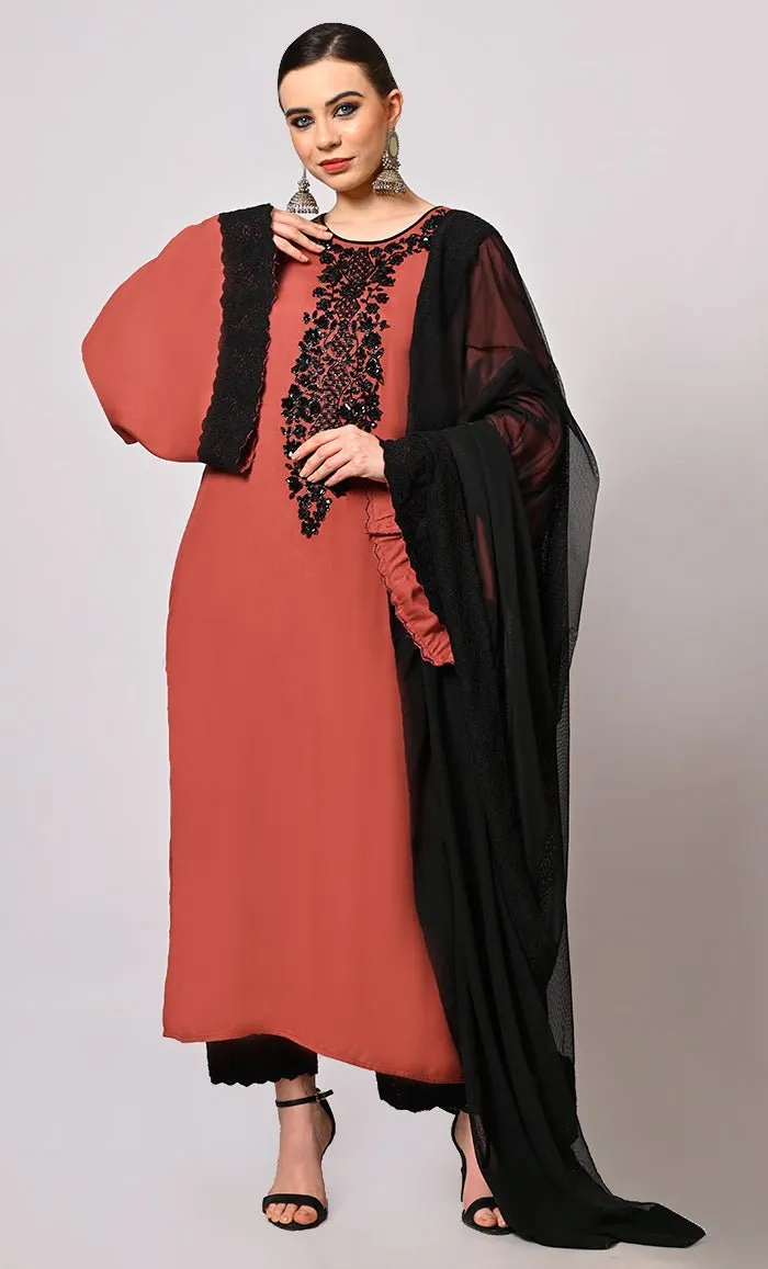 Artistry in Sequins: Hand Embroidered Root Bear Salwar Kameez Set