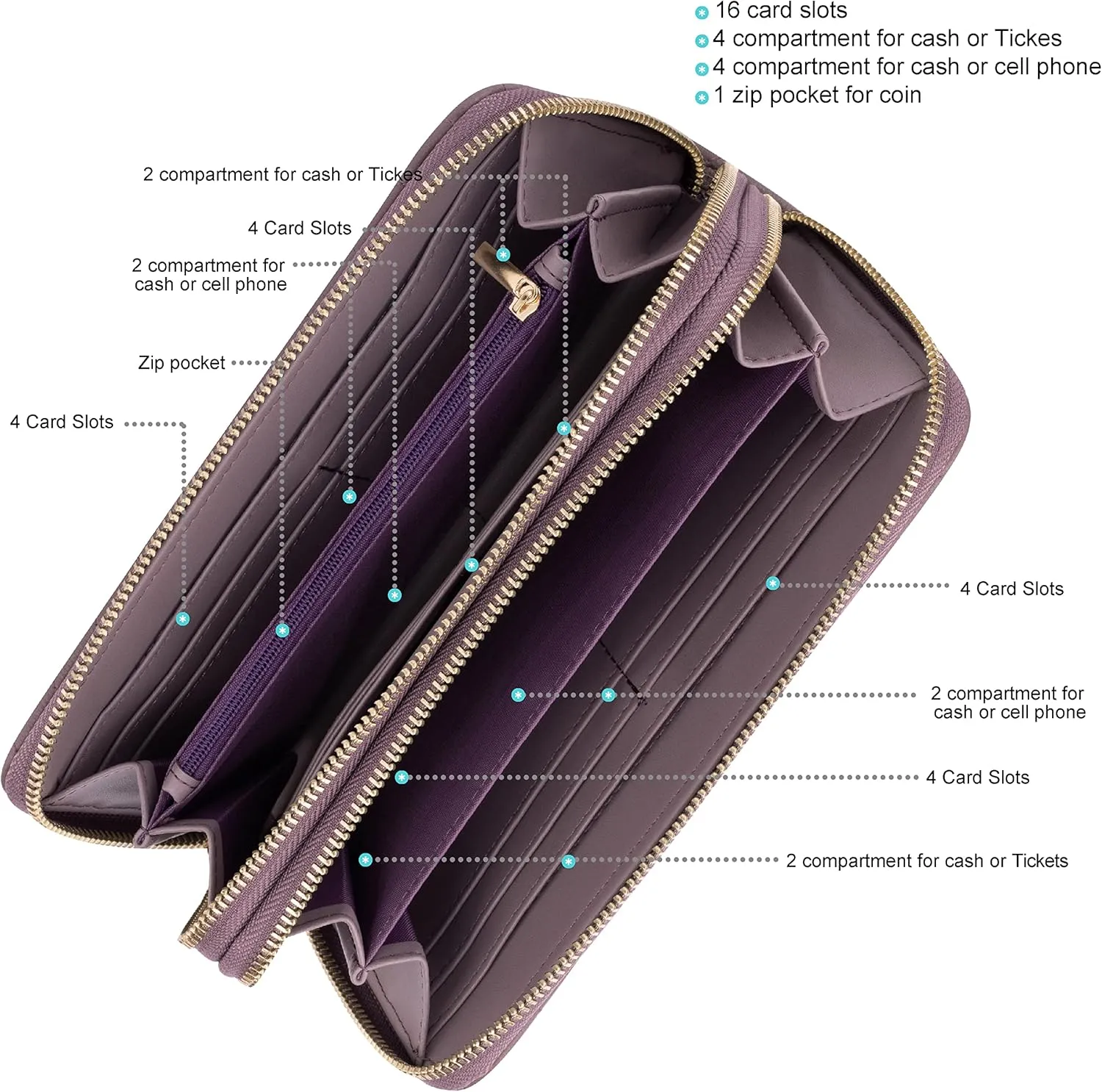 B BRENTANO Vegan Leather Double Zipper Pocket Wallet with Grip Hand Strap (Chevron Embroidered Purple)