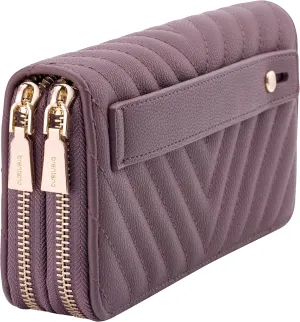 B BRENTANO Vegan Leather Double Zipper Pocket Wallet with Grip Hand Strap (Chevron Embroidered Purple)