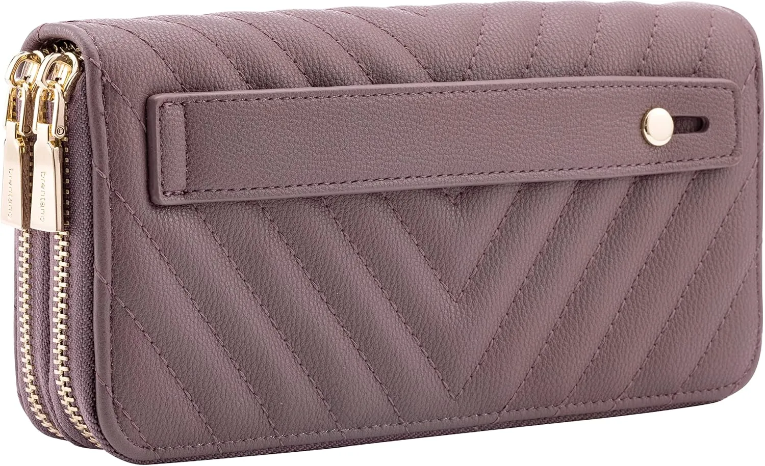 B BRENTANO Vegan Leather Double Zipper Pocket Wallet with Grip Hand Strap (Chevron Embroidered Purple)