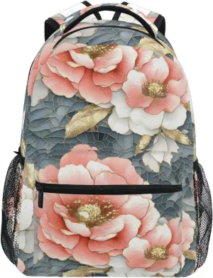 Backpack Peony Gold Blue for School Boys Girls Laptop Travel Backpack Book Bag Daypack 11.4 16 In M