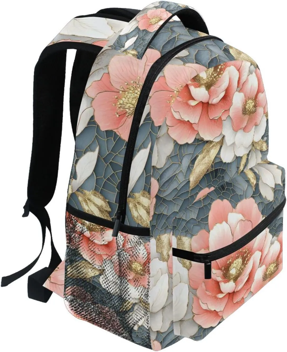 Backpack Peony Gold Blue for School Boys Girls Laptop Travel Backpack Book Bag Daypack 11.4 16 In M