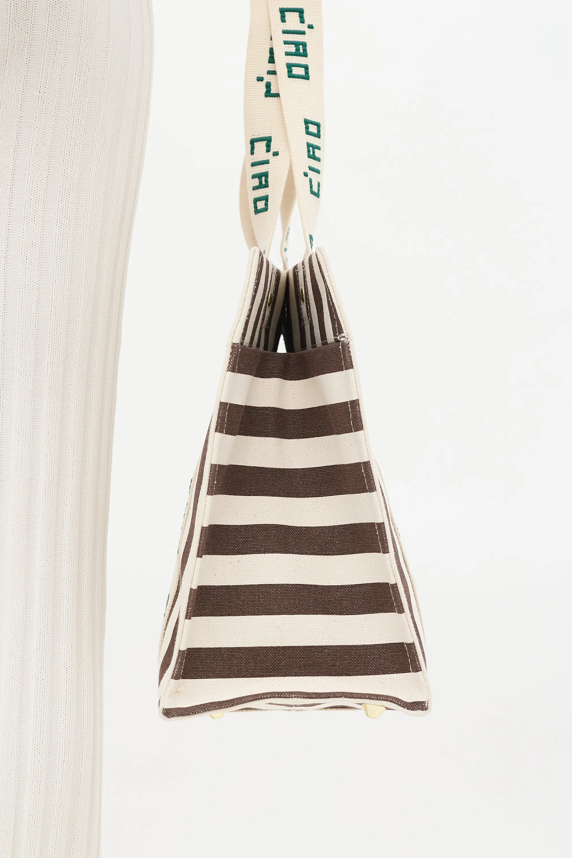 Beige & Brown Canvas Noemie Embroidered Striped Tote Bag