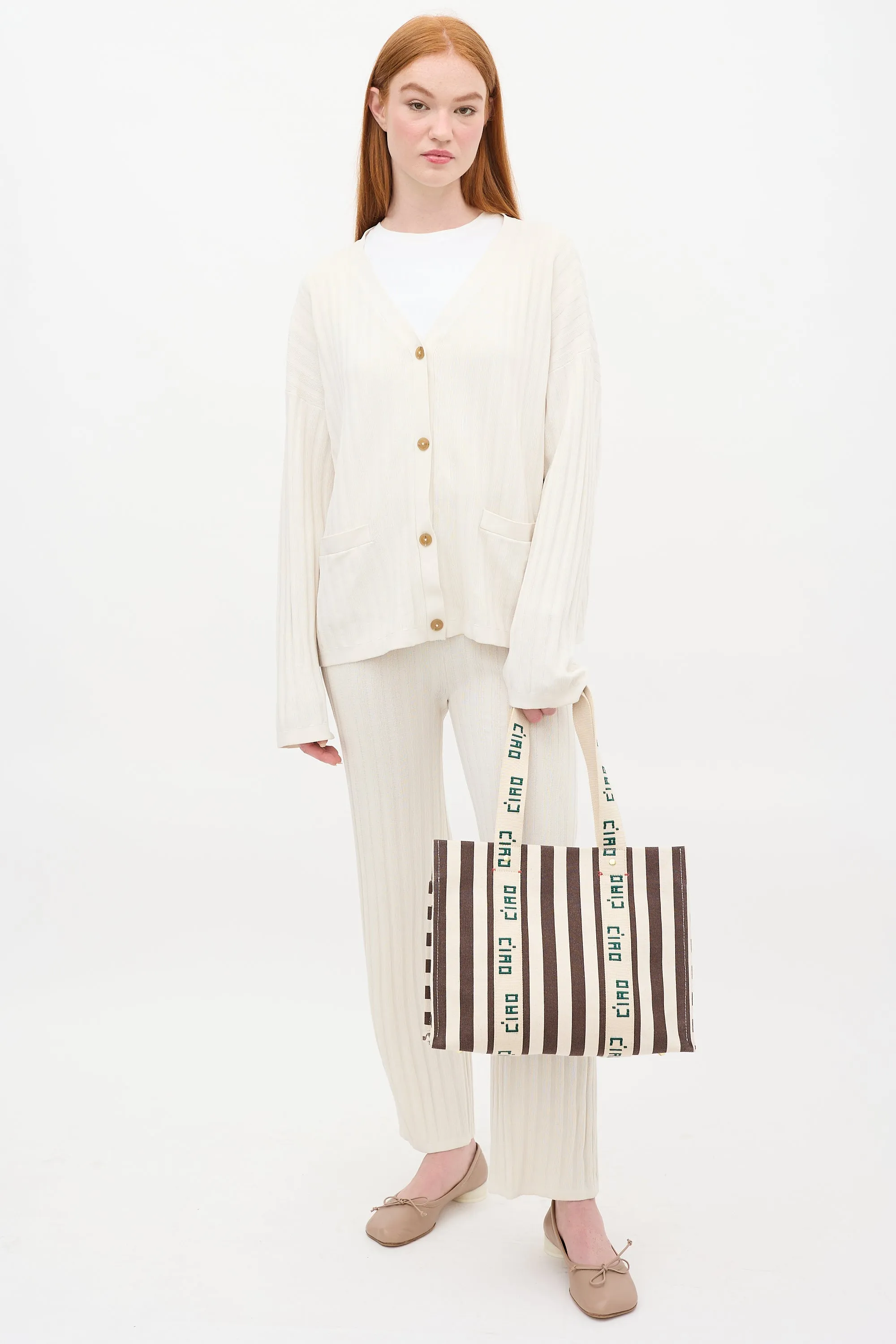 Beige & Brown Canvas Noemie Embroidered Striped Tote Bag
