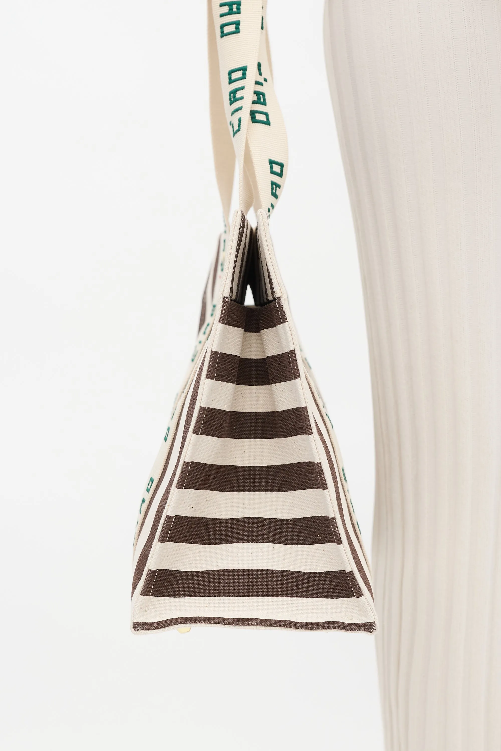 Beige & Brown Canvas Noemie Embroidered Striped Tote Bag