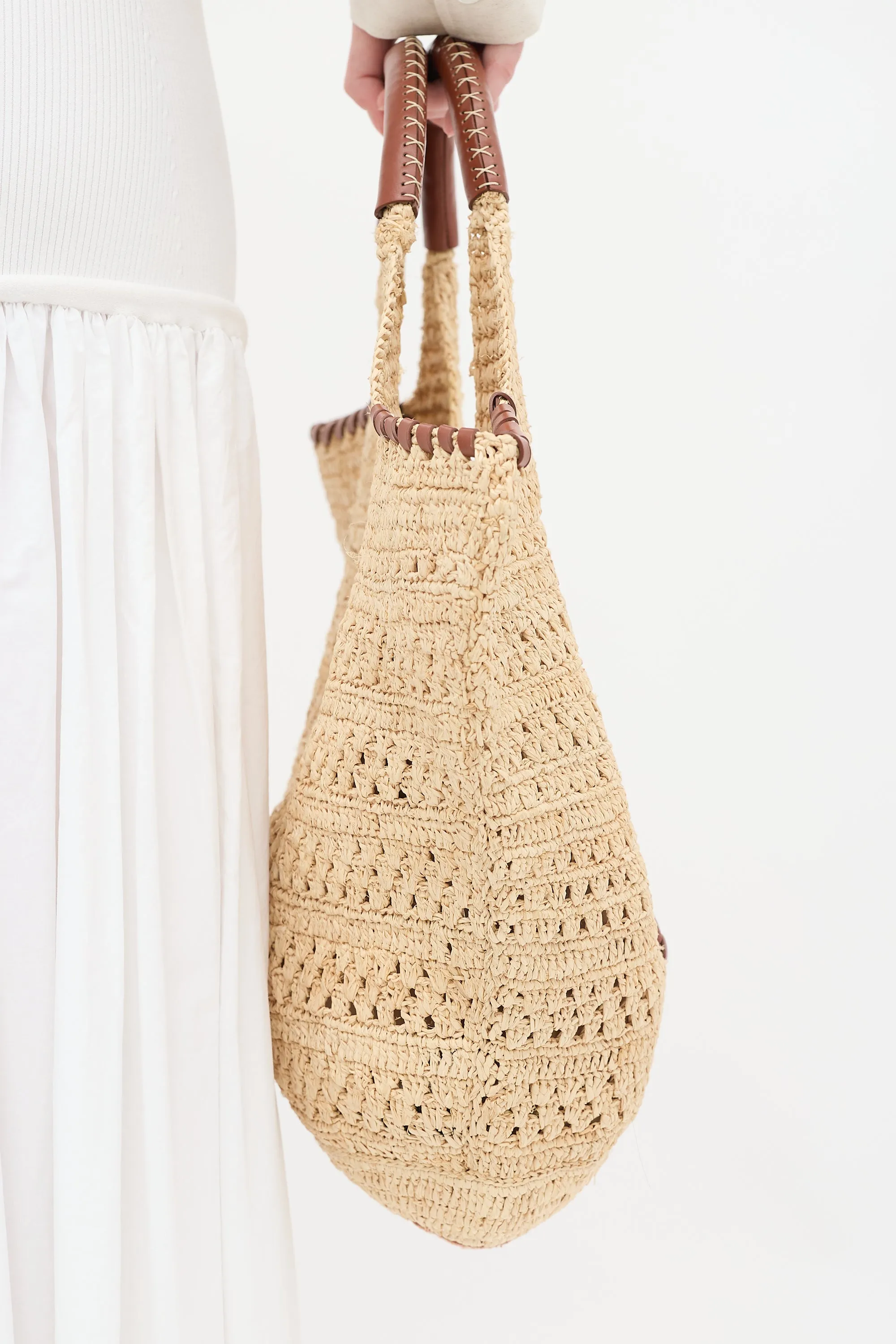 Beige Raffia & Brown Leather Ara Tote Bag