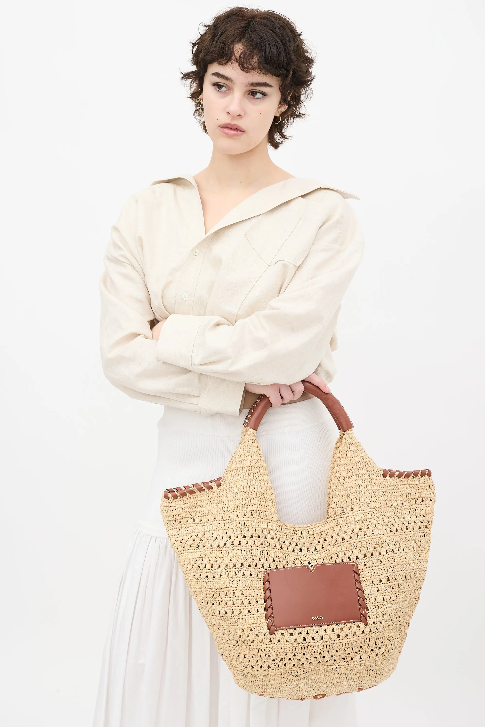 Beige Raffia & Brown Leather Ara Tote Bag
