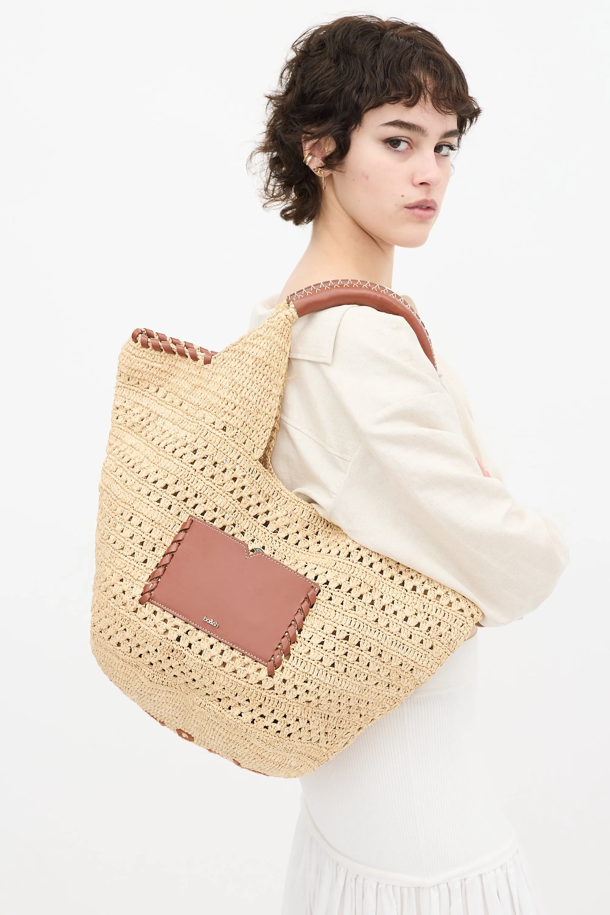 Beige Raffia & Brown Leather Ara Tote Bag