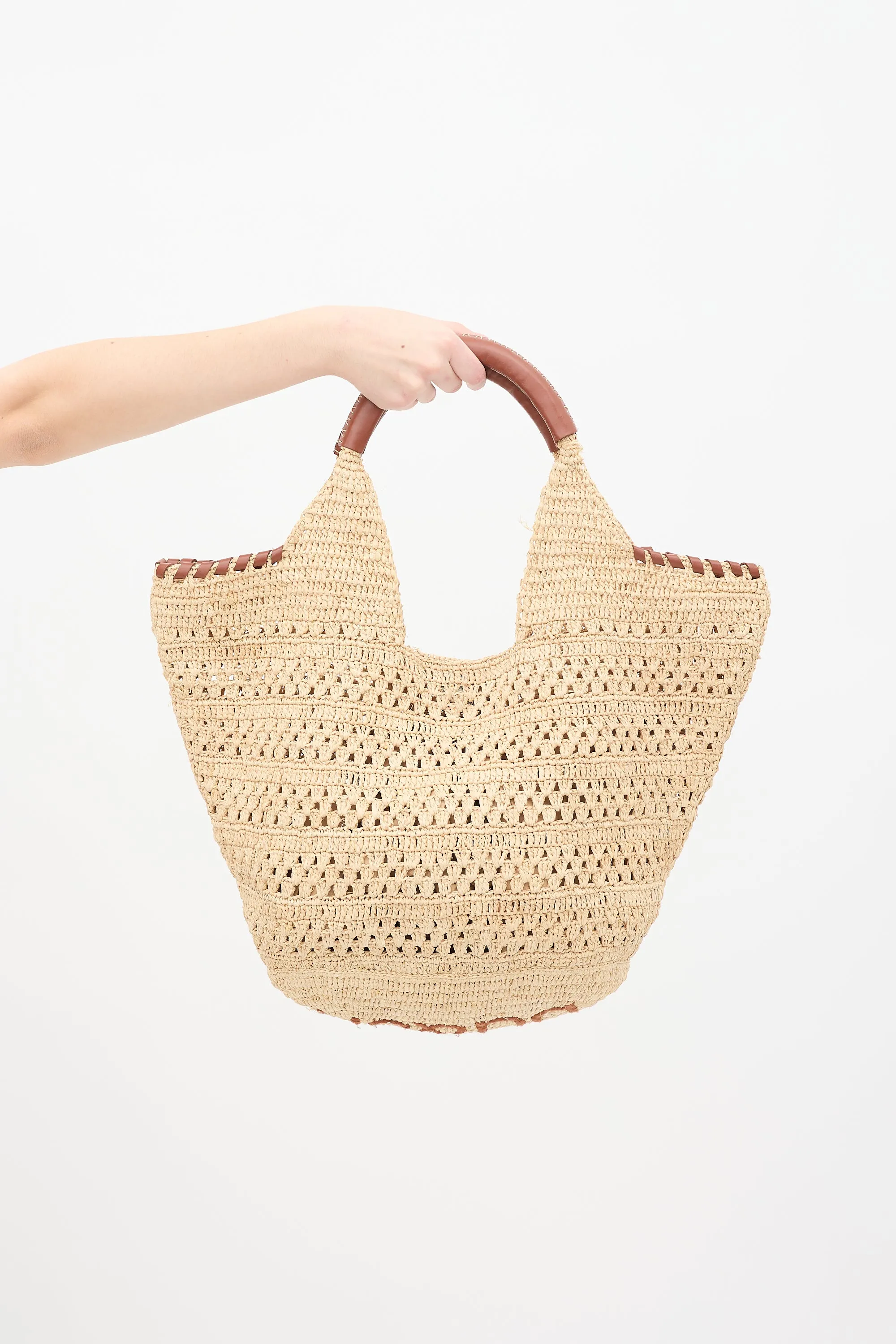 Beige Raffia & Brown Leather Ara Tote Bag