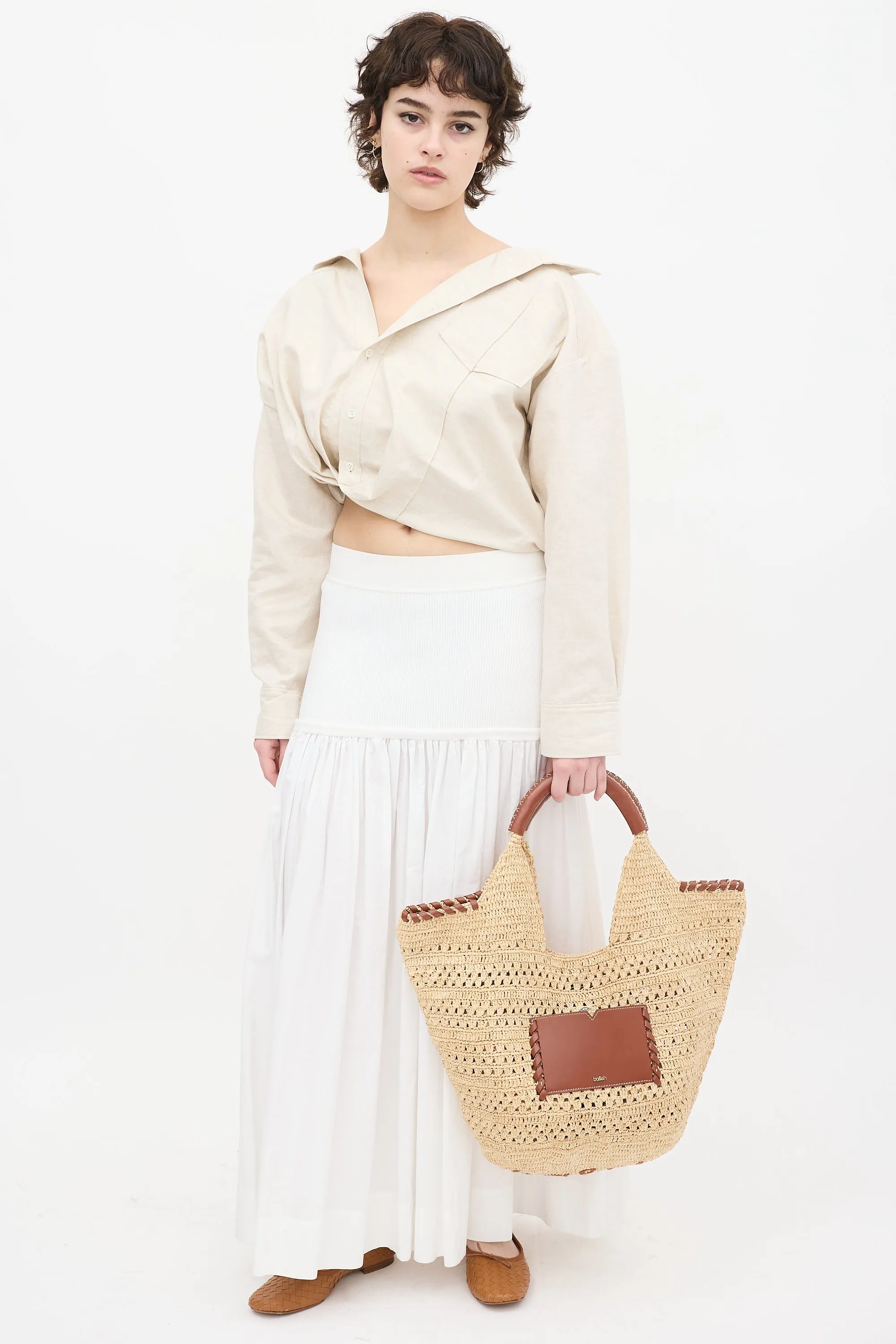 Beige Raffia & Brown Leather Ara Tote Bag