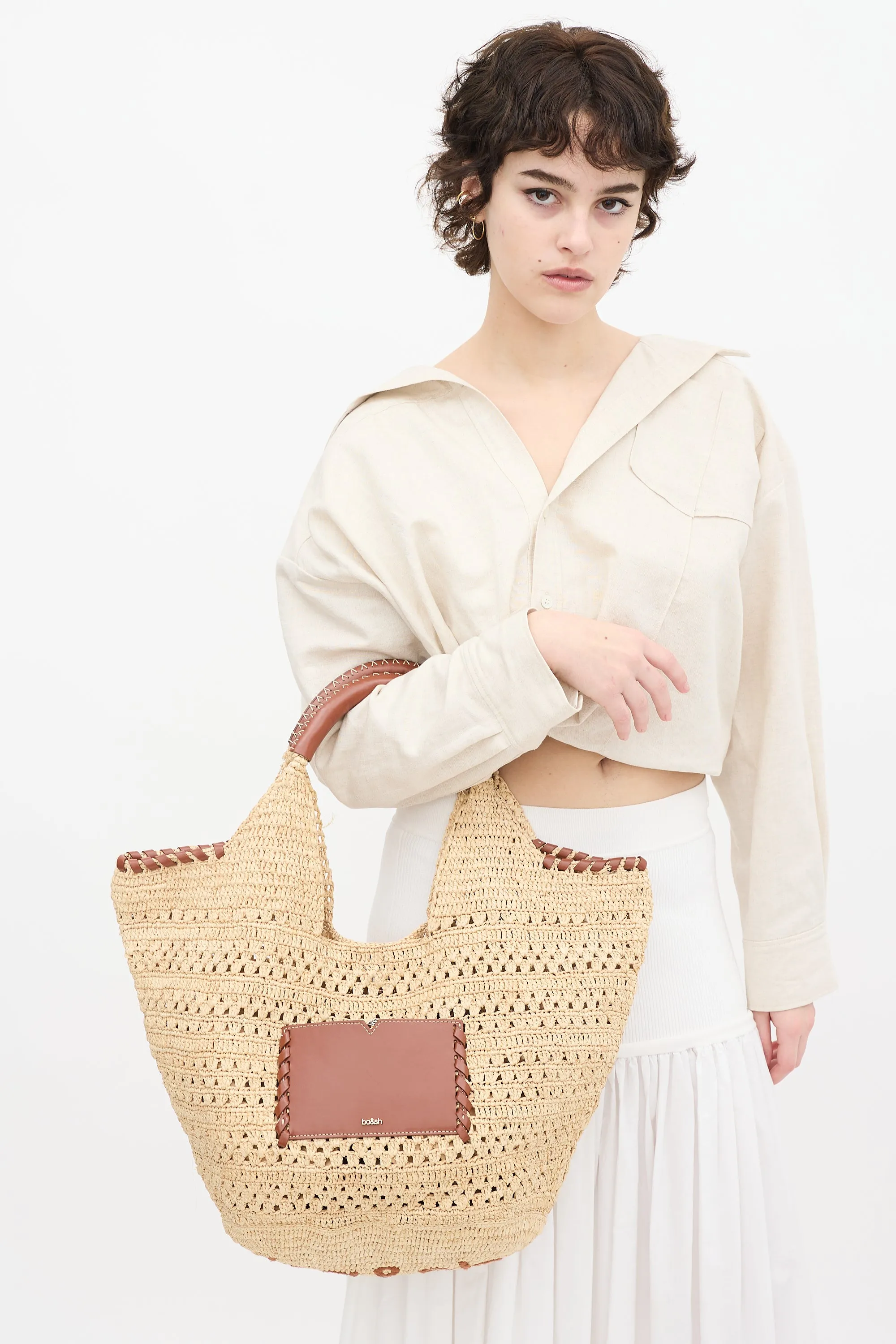 Beige Raffia & Brown Leather Ara Tote Bag