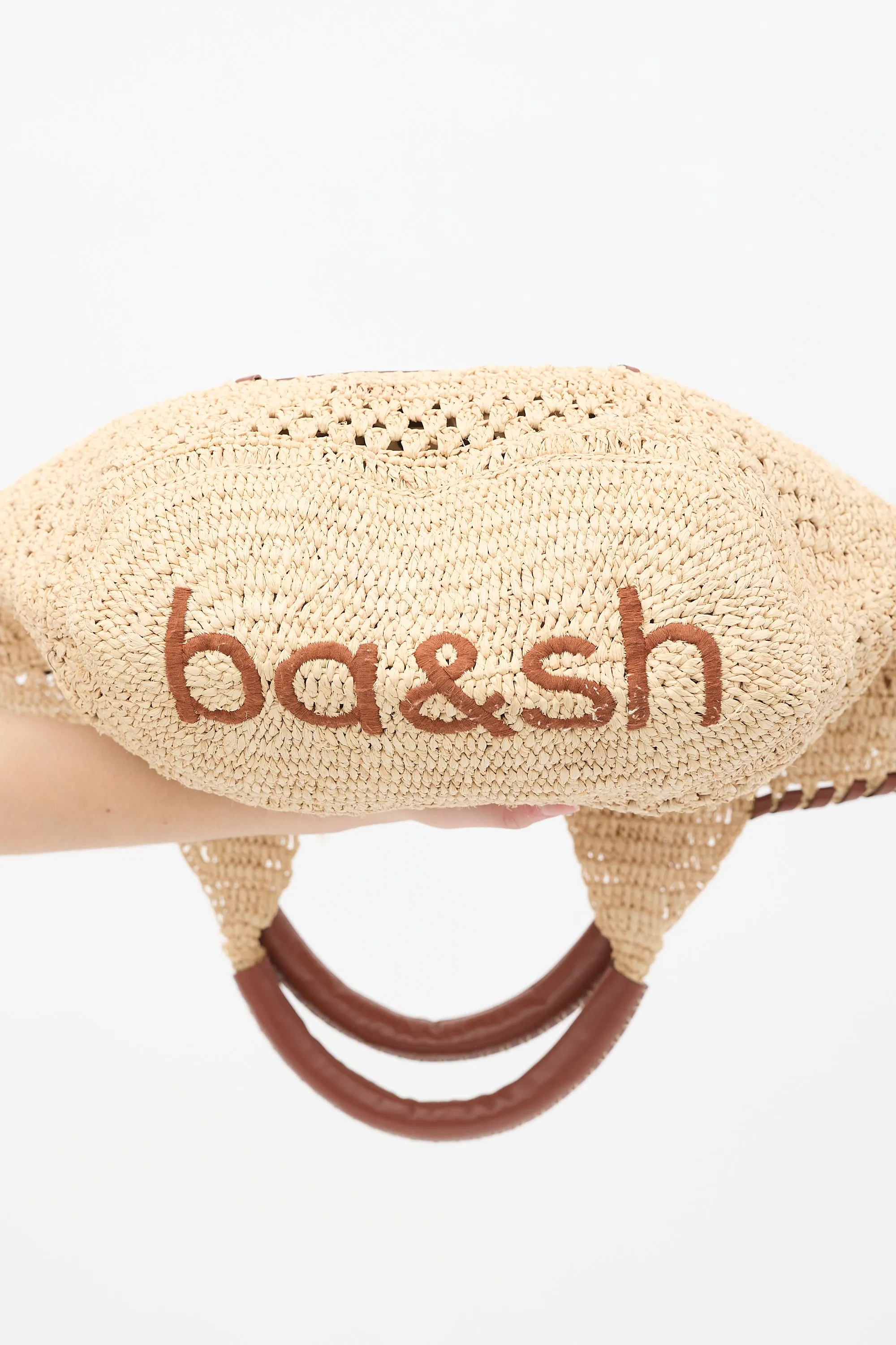Beige Raffia & Brown Leather Ara Tote Bag