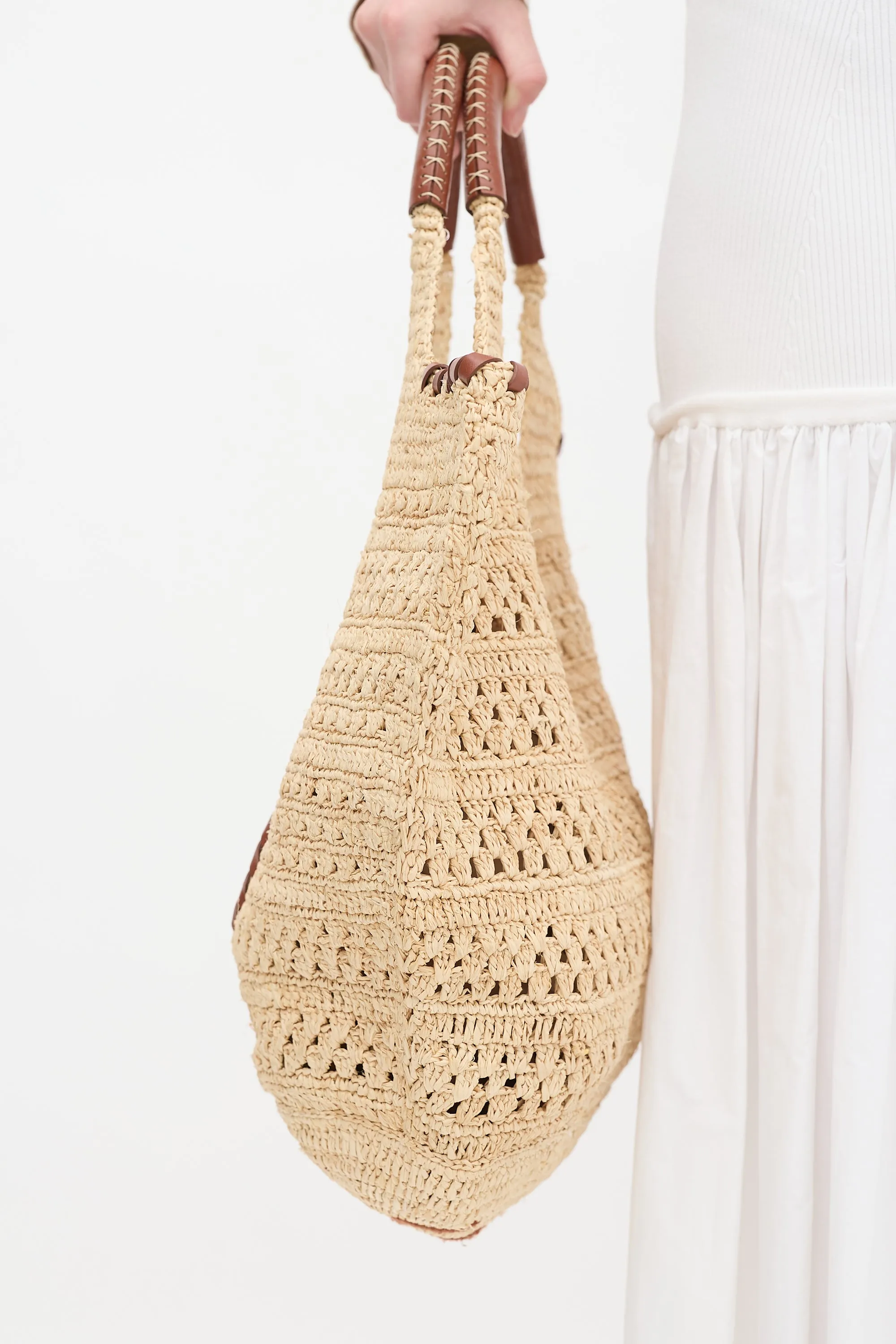 Beige Raffia & Brown Leather Ara Tote Bag