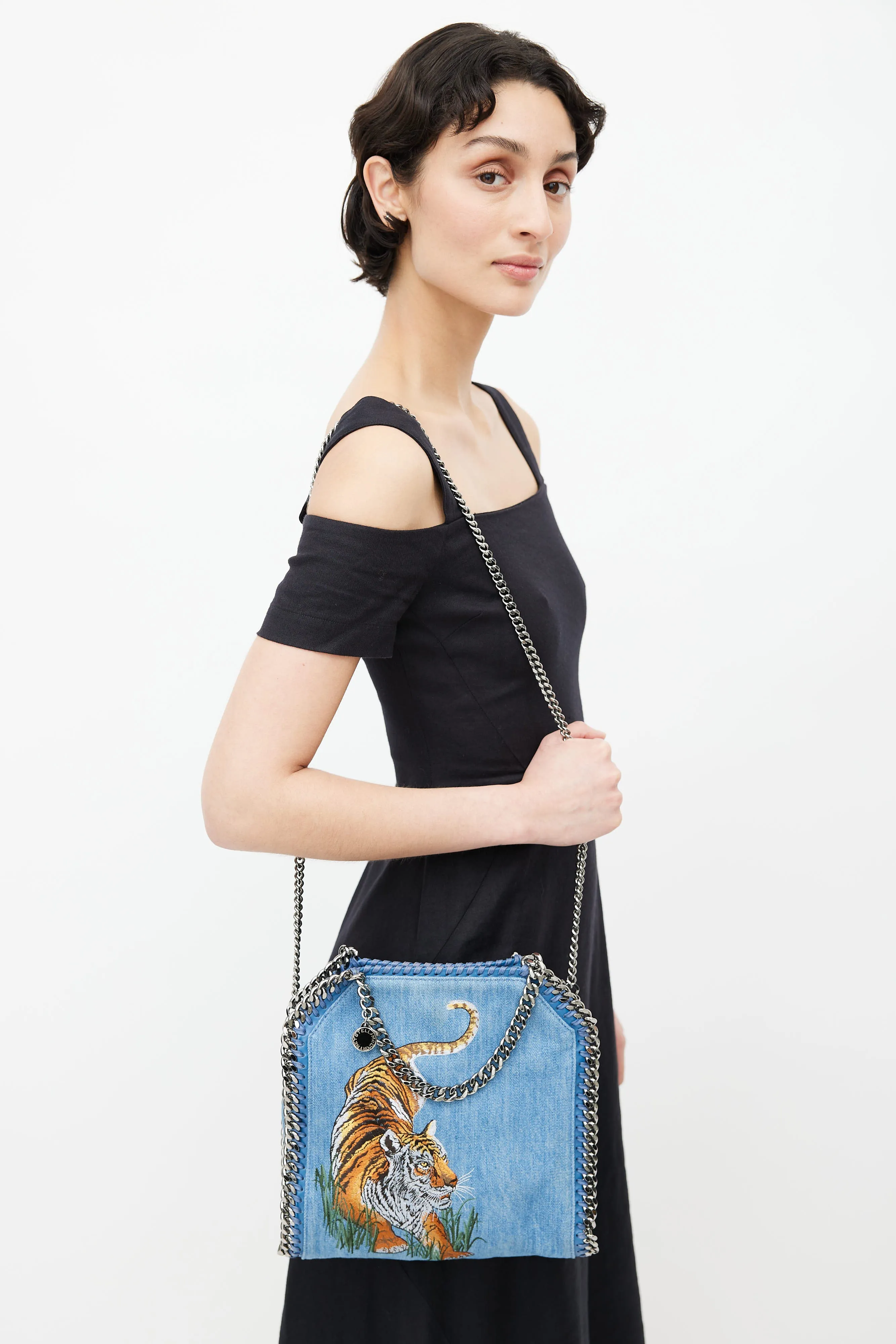 Blue Denim Embroidered Falabella Crossbody Bag