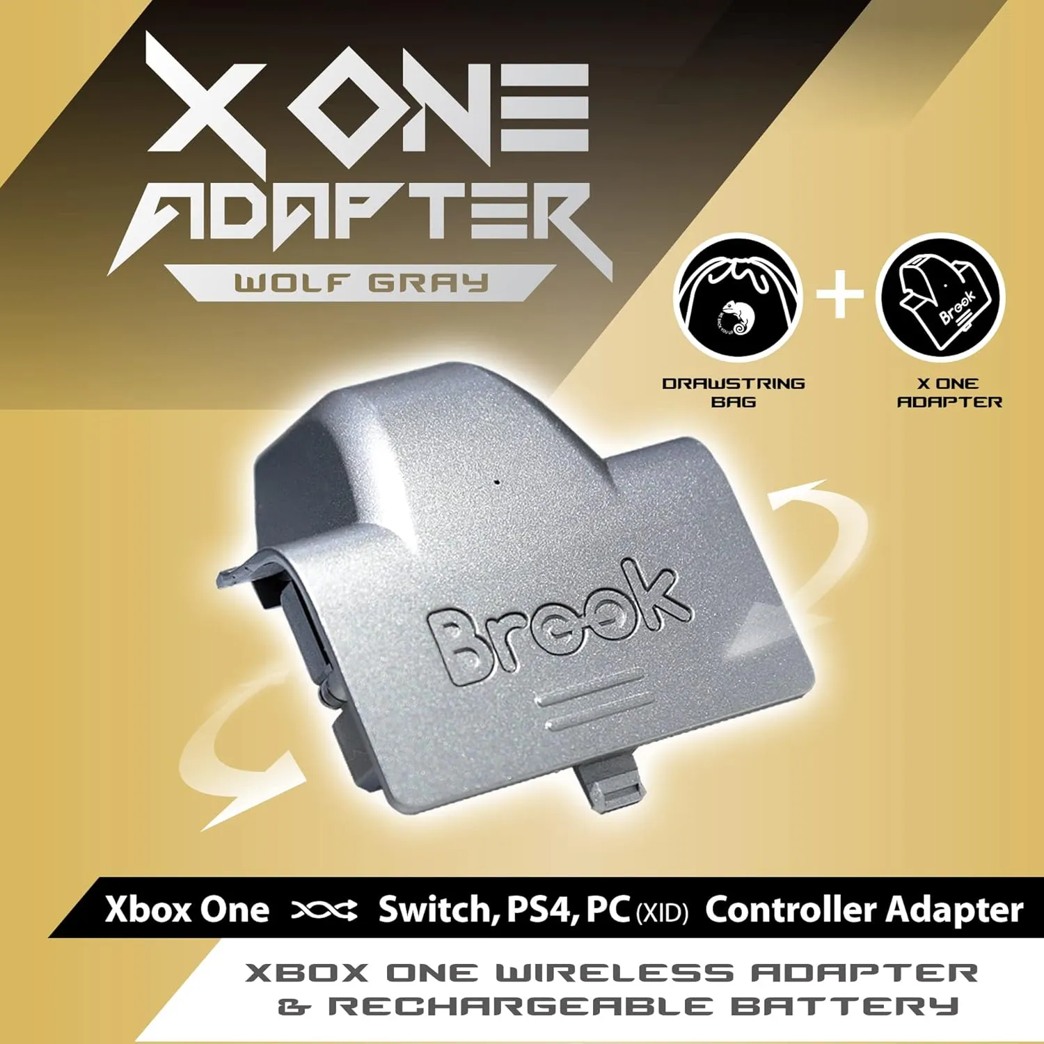 Brook X ONE Adapter with Drawstring Bag - Wireless Rechargeable Battery Converter for Xb One Controller Adapter on PS4, Switch, PC(XID), XB Gaming Converter - Wolf Gray