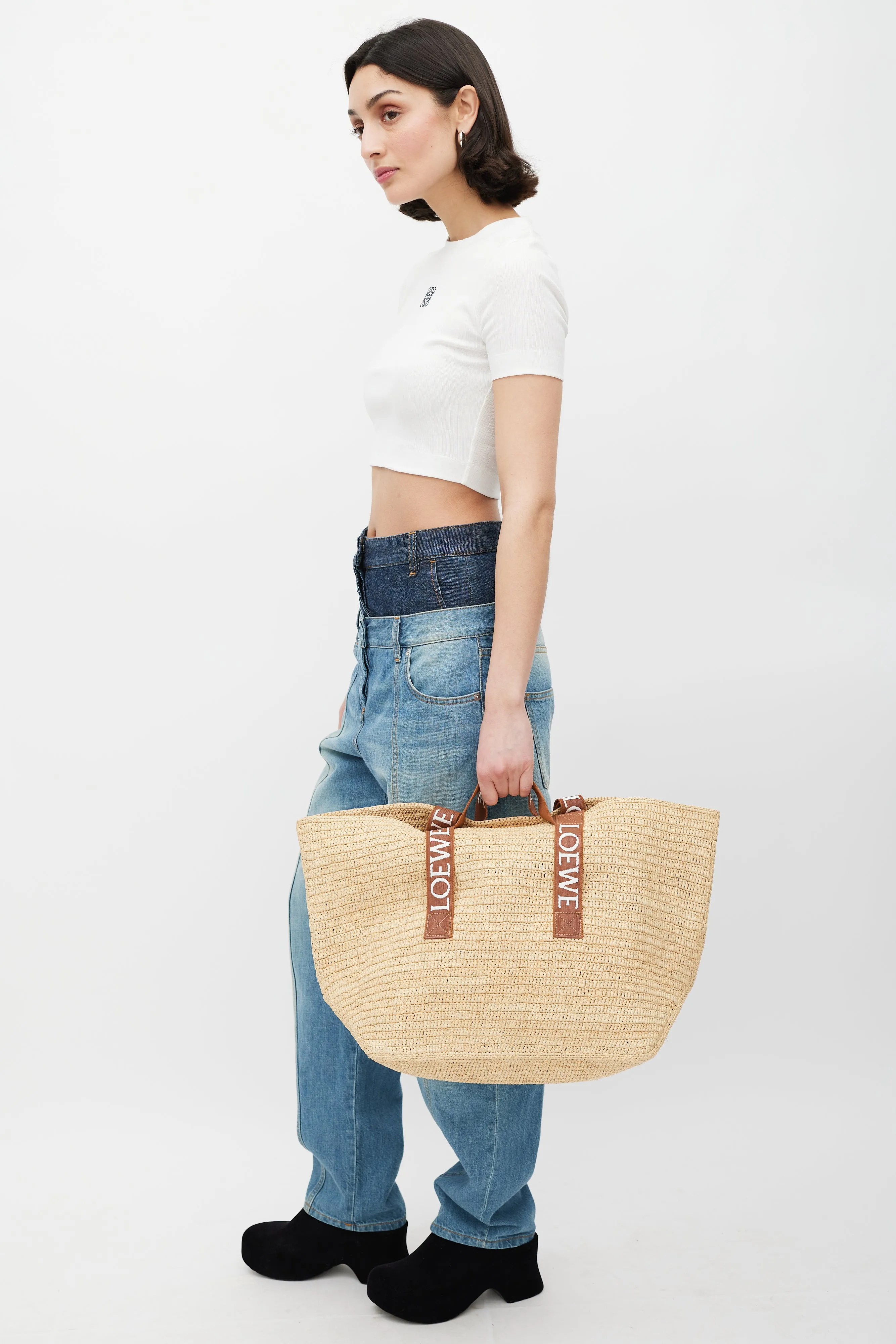 Brown & White Woven Fold Shopper Bag
