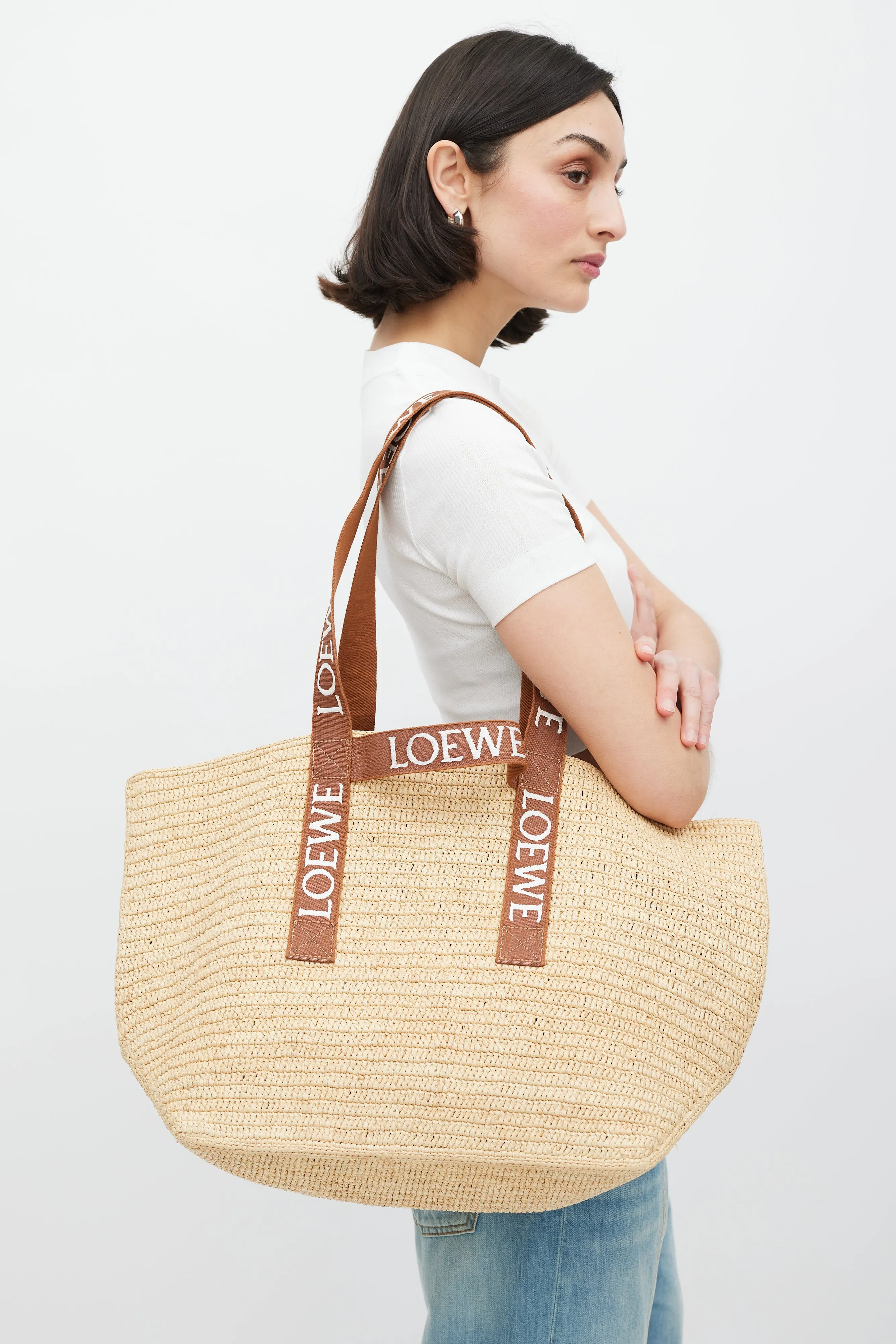 Brown & White Woven Fold Shopper Bag