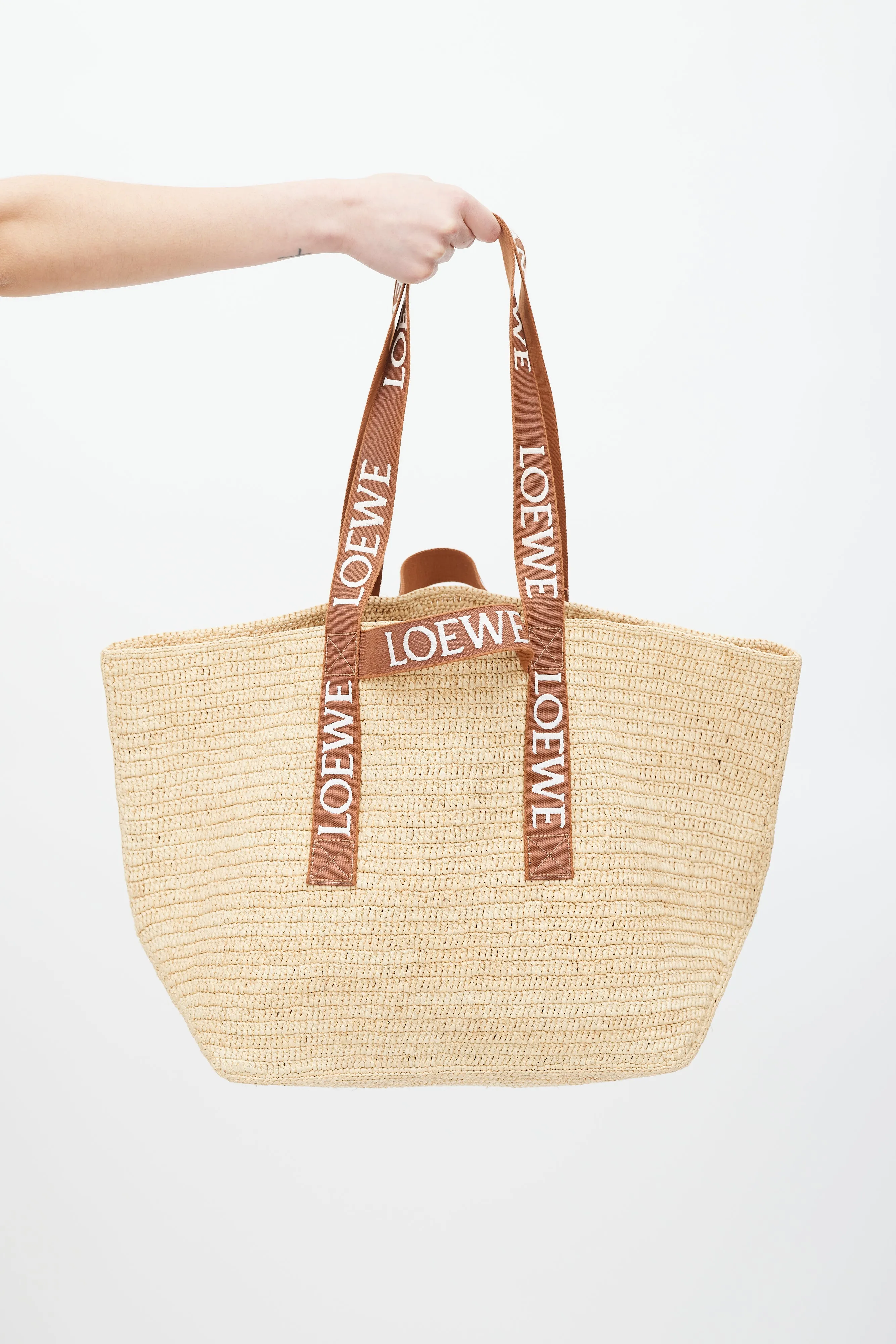 Brown & White Woven Fold Shopper Bag