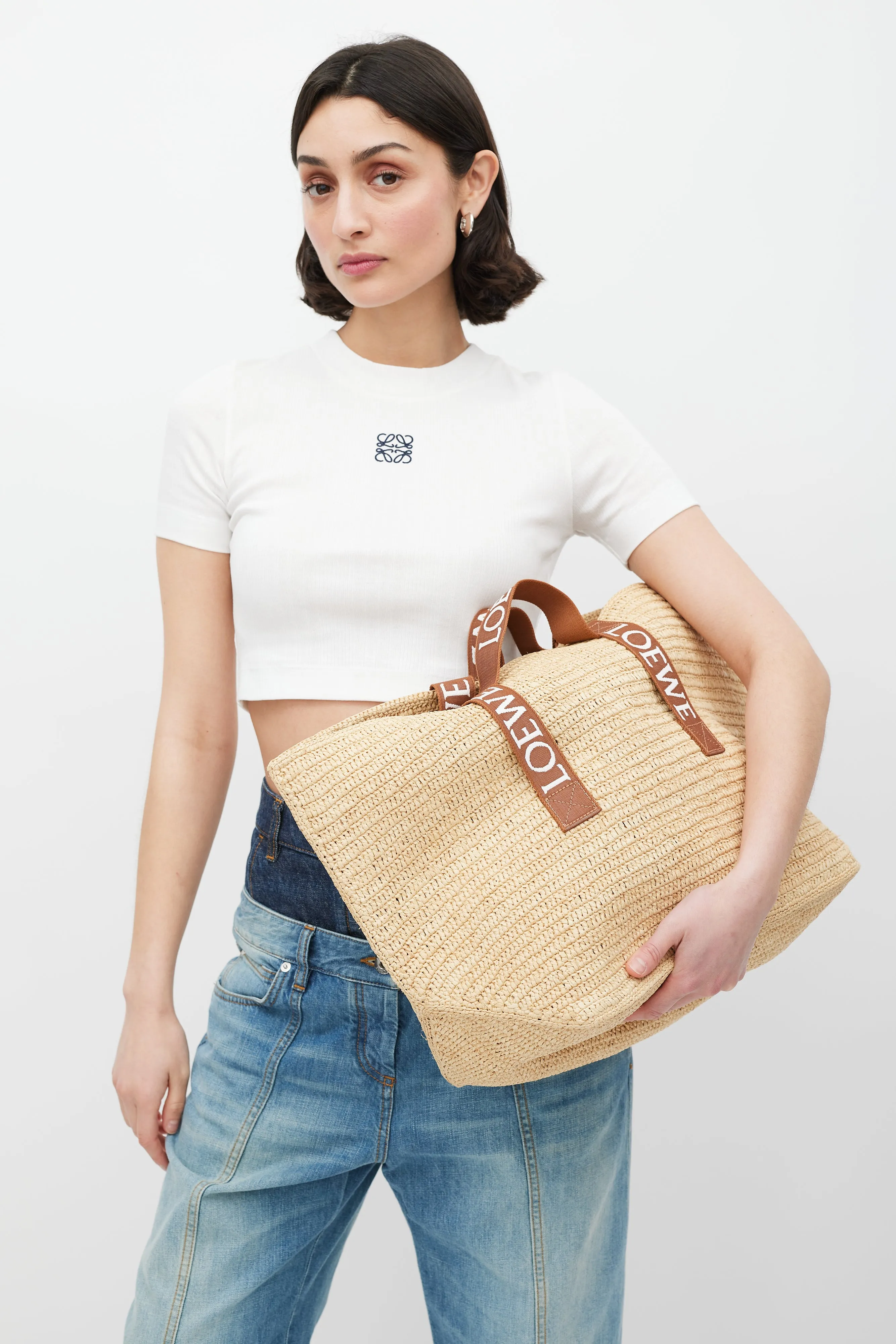 Brown & White Woven Fold Shopper Bag