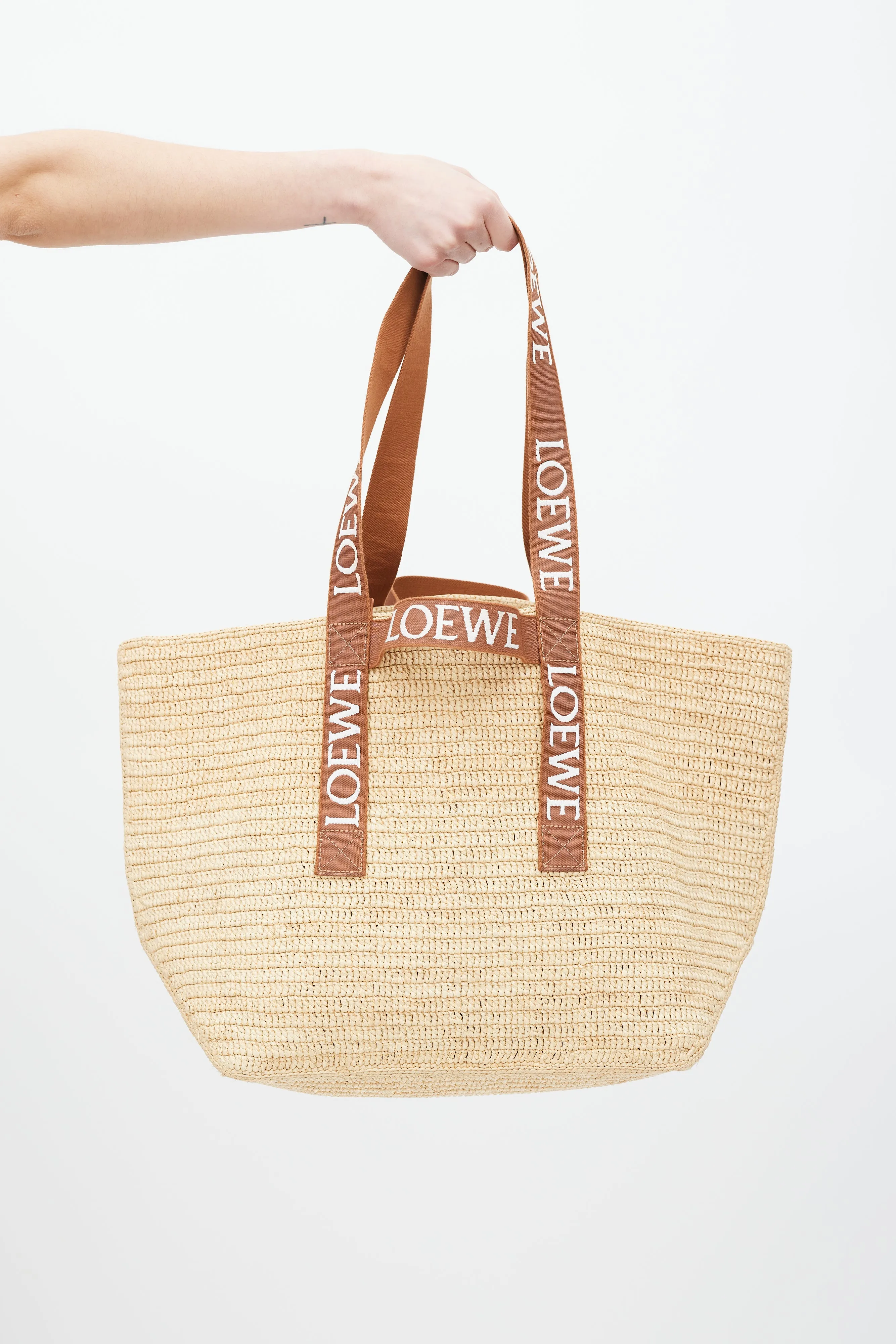 Brown & White Woven Fold Shopper Bag