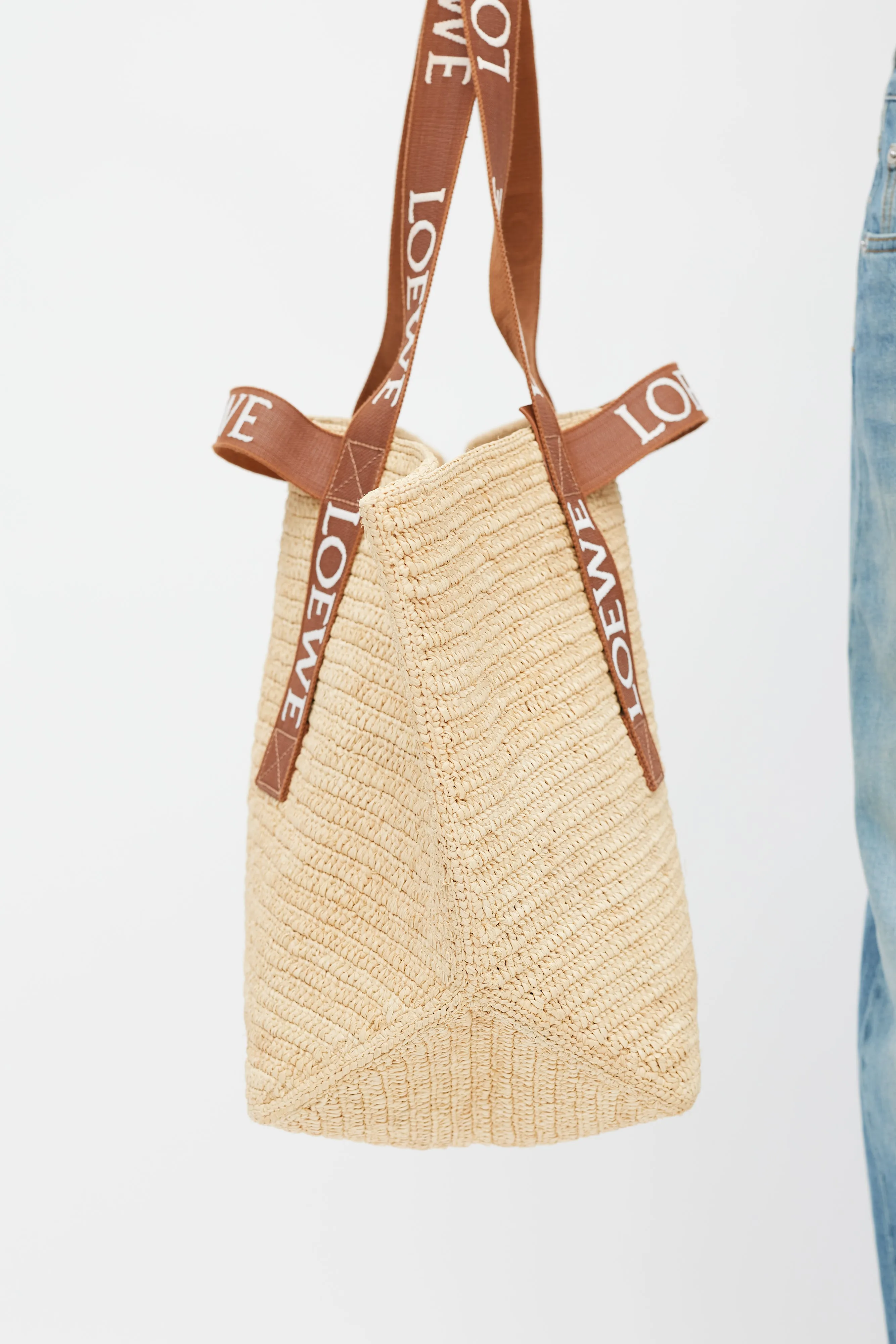 Brown & White Woven Fold Shopper Bag