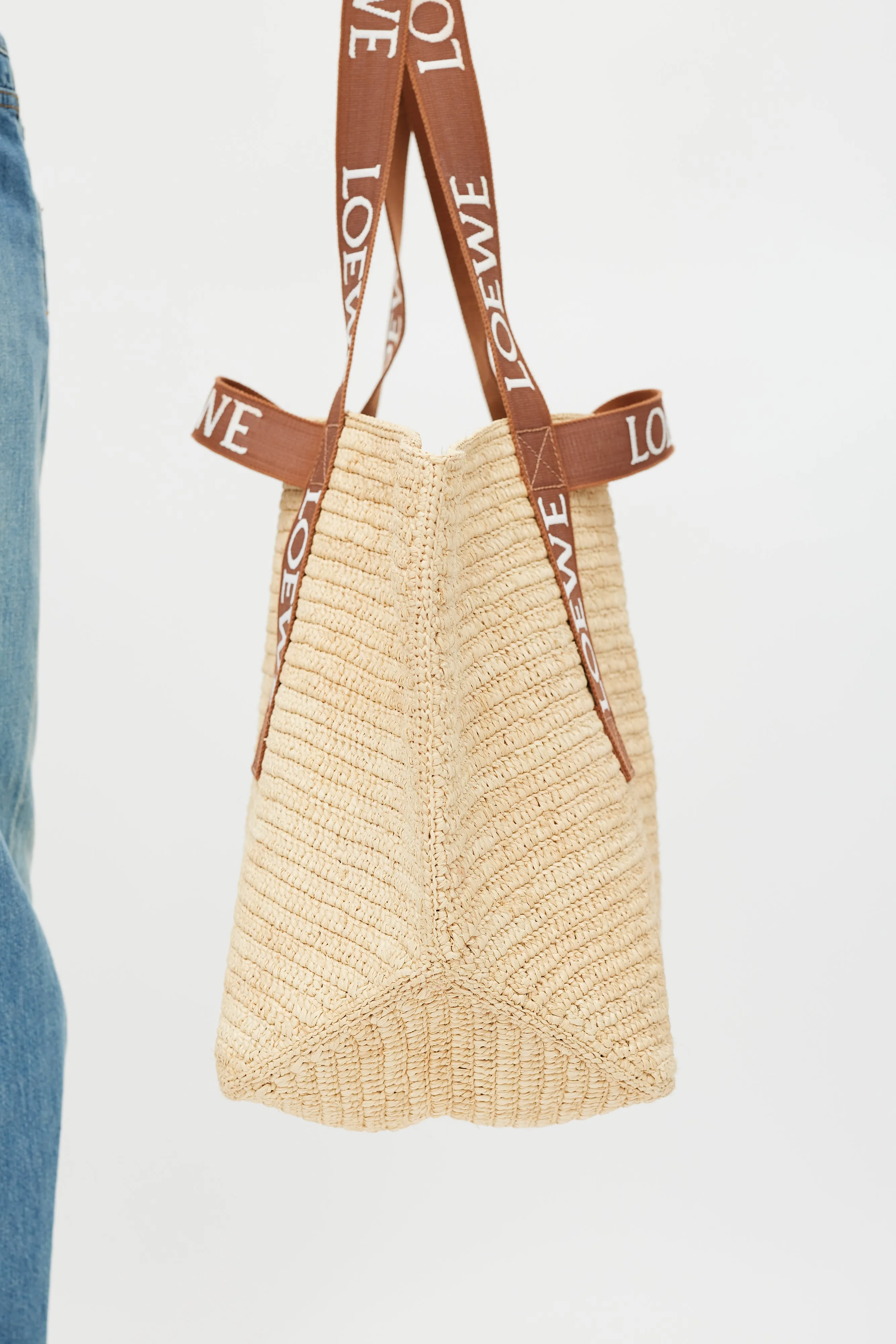 Brown & White Woven Fold Shopper Bag