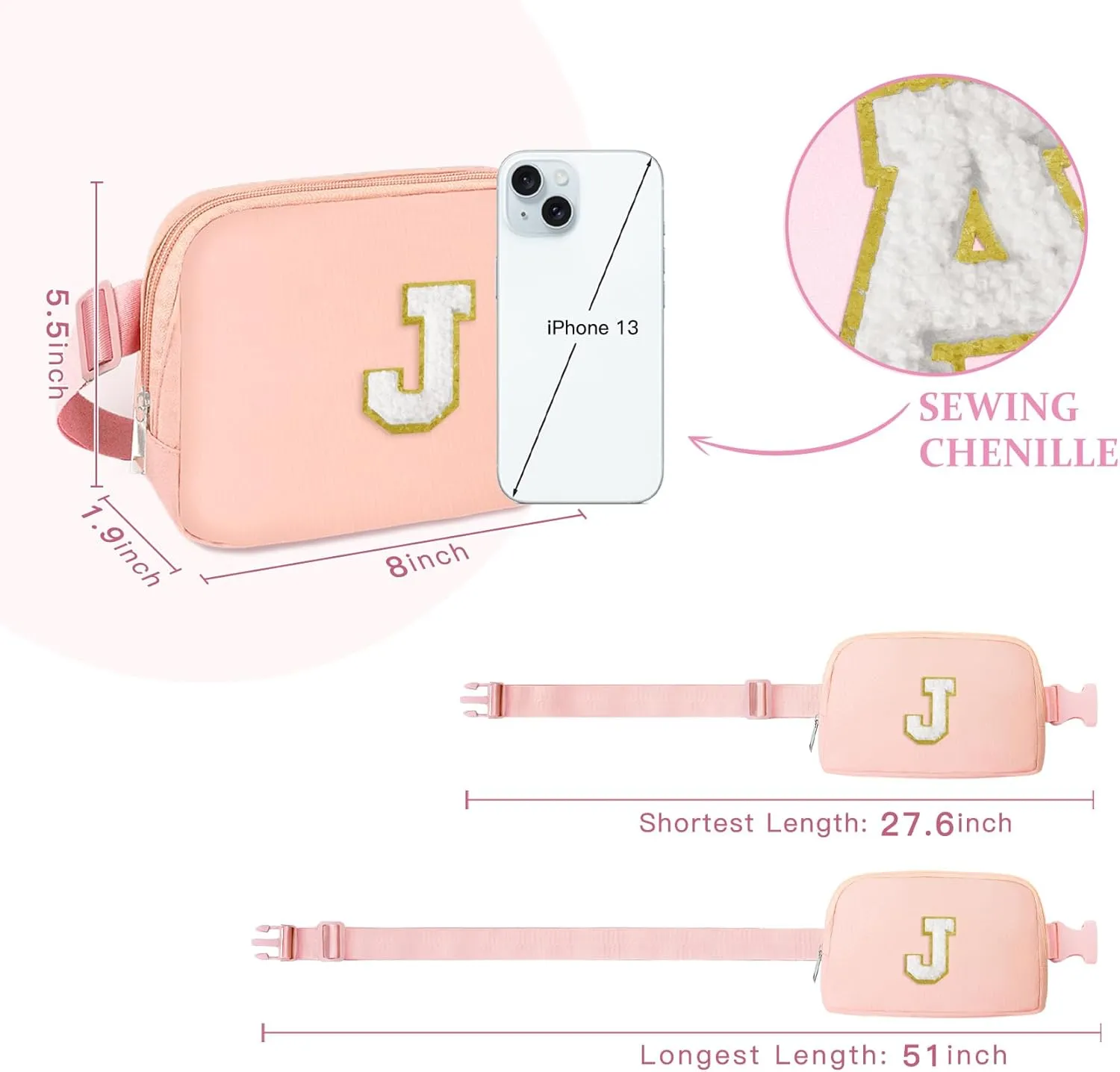 COSHAYSOO Pink Small Waist Fanny Pack Belt Bag with Initial Letter Patch Crossbody Adjustable Strap for Women Teen Girl Traveling Gym Workouts, Mini Cross body Travel Front Purse Trendy Purse (J)