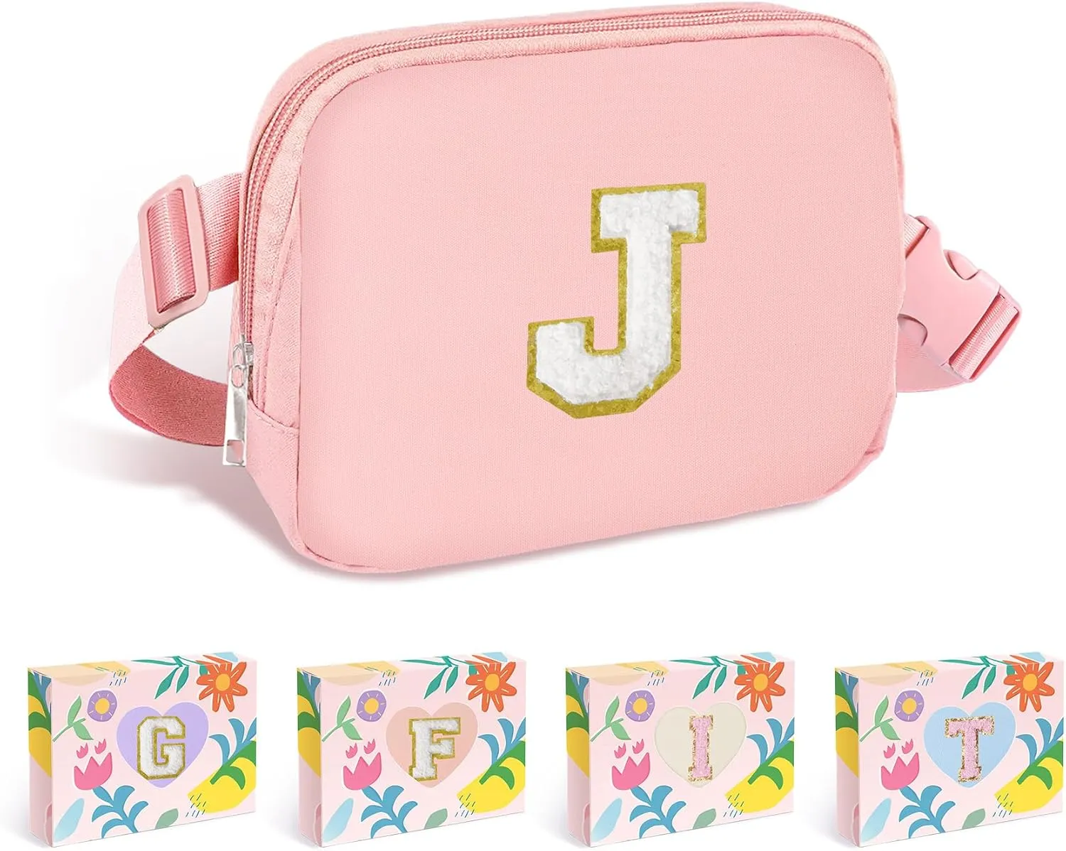 COSHAYSOO Pink Small Waist Fanny Pack Belt Bag with Initial Letter Patch Crossbody Adjustable Strap for Women Teen Girl Traveling Gym Workouts, Mini Cross body Travel Front Purse Trendy Purse (J)