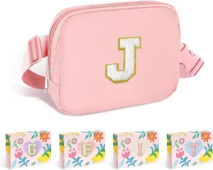 COSHAYSOO Pink Small Waist Fanny Pack Belt Bag with Initial Letter Patch Crossbody Adjustable Strap for Women Teen Girl Traveling Gym Workouts, Mini Cross body Travel Front Purse Trendy Purse (J)