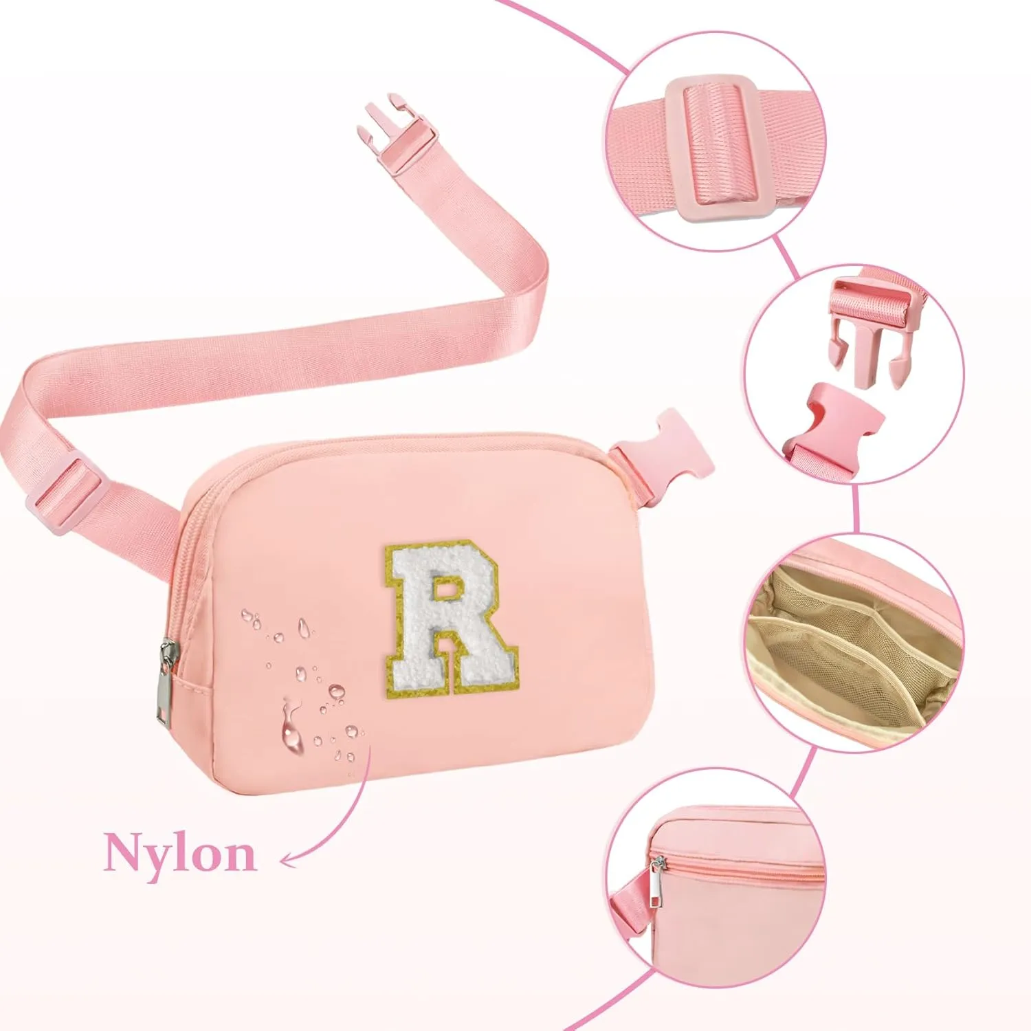 COSHAYSOO Pink Small Waist Fanny Pack Belt Bag with Initial Letter Patch Crossbody Adjustable Strap Phone Holder Inner Pockets Mini Cross Body Purse for Sister Bestie Daughter Christmas Gifts (R)