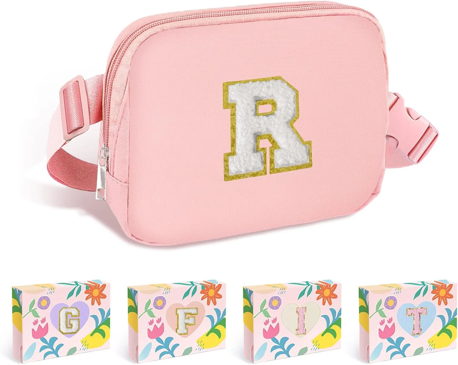 COSHAYSOO Pink Small Waist Fanny Pack Belt Bag with Initial Letter Patch Crossbody Adjustable Strap Phone Holder Inner Pockets Mini Cross Body Purse for Sister Bestie Daughter Christmas Gifts (R)