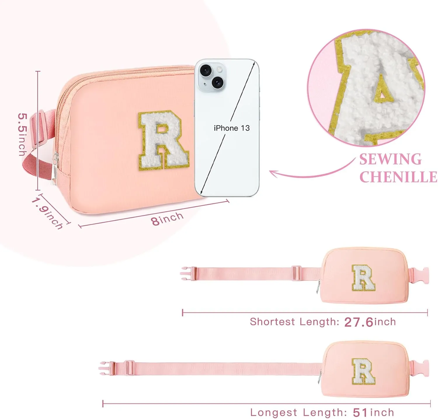 COSHAYSOO Pink Small Waist Fanny Pack Belt Bag with Initial Letter Patch Crossbody Adjustable Strap Phone Holder Inner Pockets Mini Cross Body Purse for Sister Bestie Daughter Christmas Gifts (R)