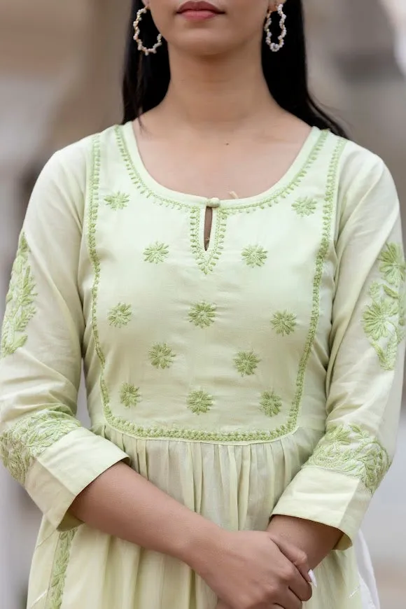 Cotton Mint Green Embroidered Chikankari Suit Set with Dupatta