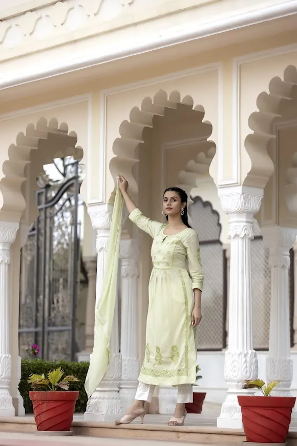 Cotton Mint Green Embroidered Chikankari Suit Set with Dupatta