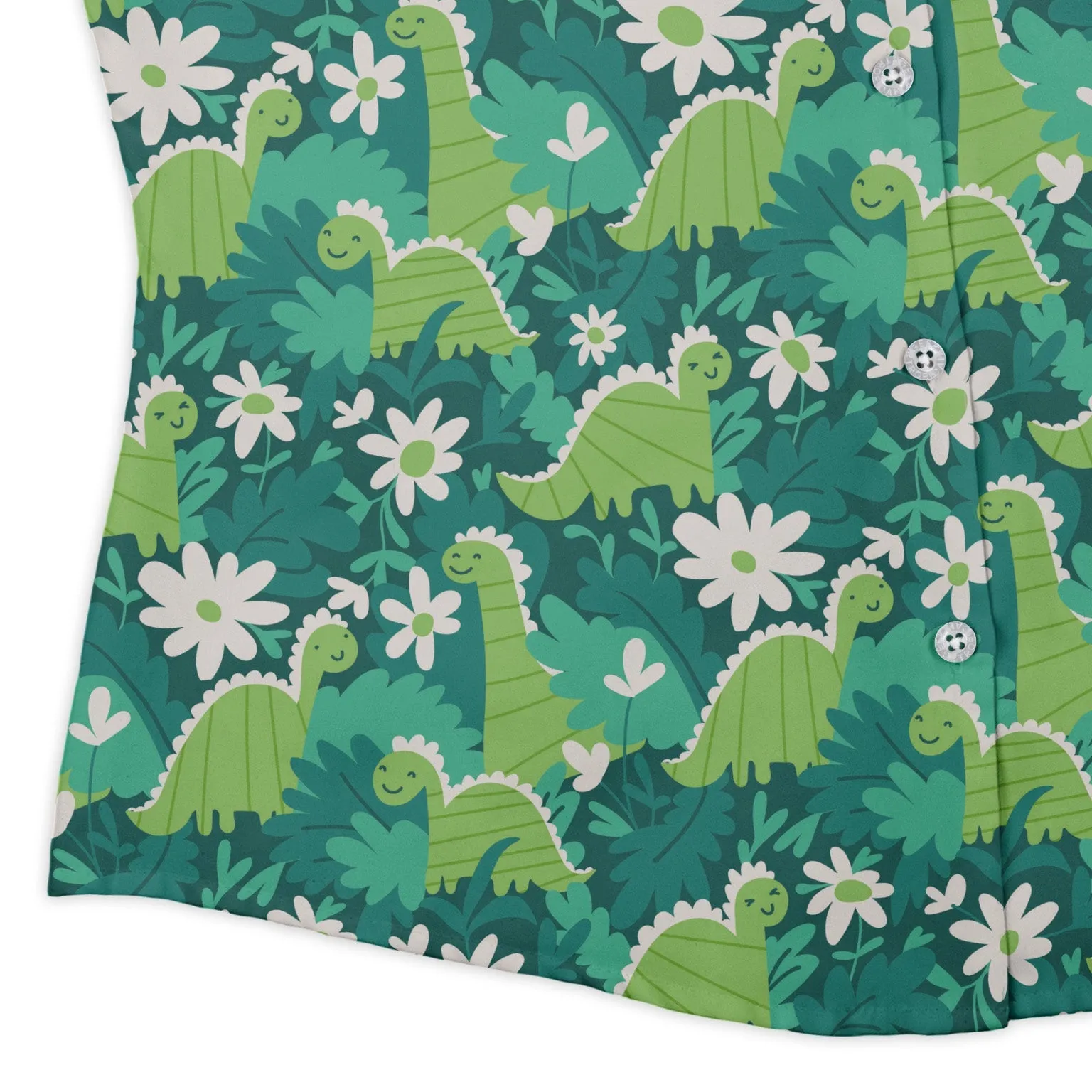 Dinosaur Smiles Flowers and Leaves Curvy Button Up Shirt
