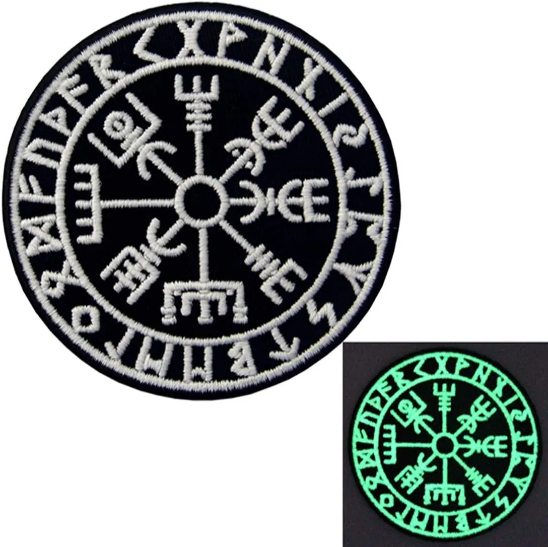 EmbTao Glow in Dark Vegvisir Viking Compass Norse Rune Morale Tactical Embroidered Applique Fastener Hook&Loop Patch