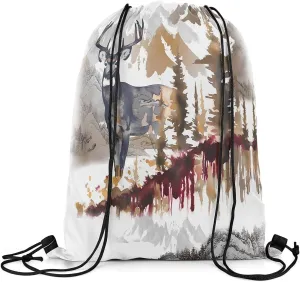 Feelyou Deer Drawstring Backpack for 13"x15.7" Forest Drawstring Bags Ink Painting Sports Drawstring Sackpack Chestnut Brown Waterproof Cinch Bag