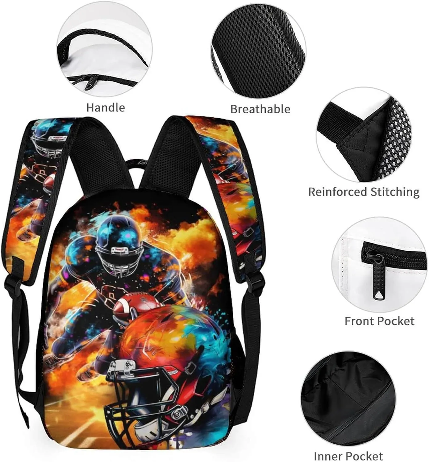 Football Backpack with Lunch Box & Pencil Case, 16 Inch Cool Football Themed Bookbag, Adjustable Lightweight Large Capacity, Colorful Football Backpack Set for Kids Girls Boys School