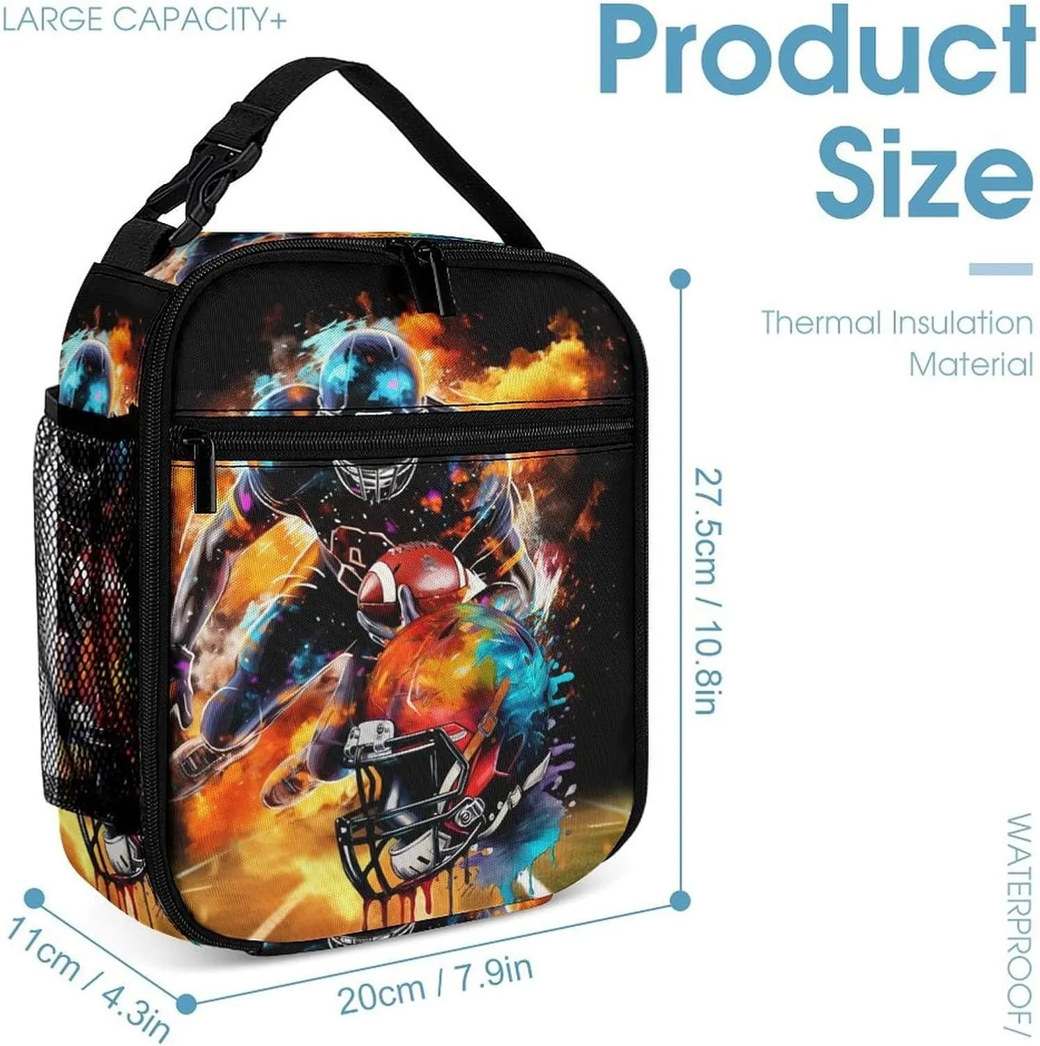 Football Backpack with Lunch Box & Pencil Case, 16 Inch Cool Football Themed Bookbag, Adjustable Lightweight Large Capacity, Colorful Football Backpack Set for Kids Girls Boys School