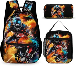 Football Backpack with Lunch Box & Pencil Case, 16 Inch Cool Football Themed Bookbag, Adjustable Lightweight Large Capacity, Colorful Football Backpack Set for Kids Girls Boys School