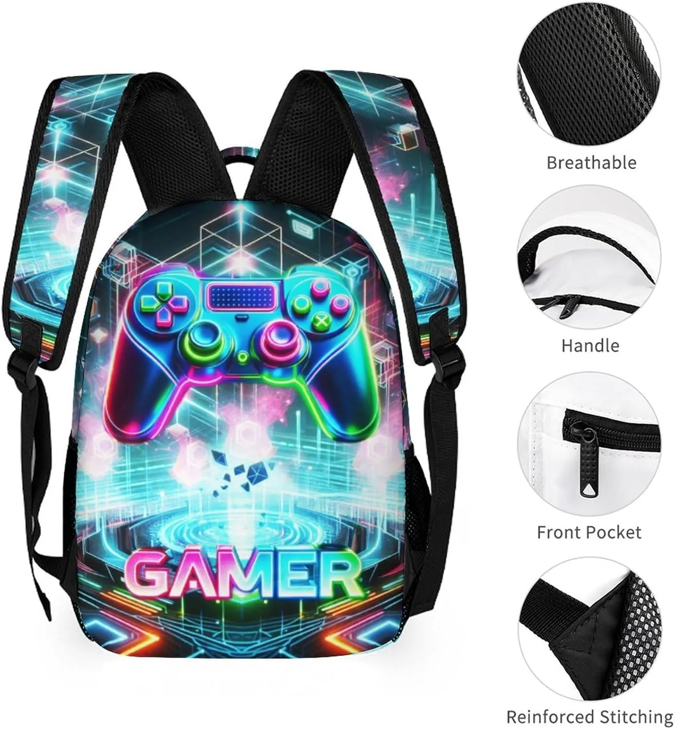 Gaming Backpack for Kids Girls Boys School, 16 Inches Cool Gaming Theme Bookbag, Adjustable, Lightweight, Large Capacity, Colorful Backpack for School