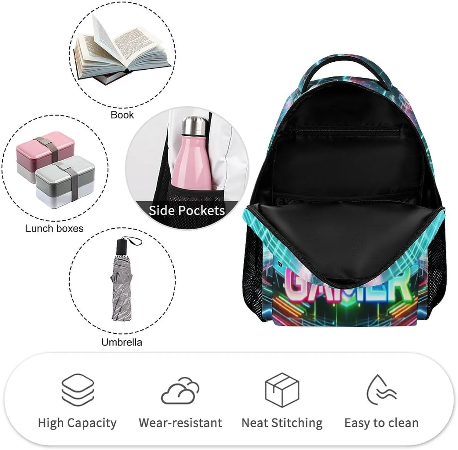 Gaming Backpack for Kids Girls Boys School, 16 Inches Cool Gaming Theme Bookbag, Adjustable, Lightweight, Large Capacity, Colorful Backpack for School
