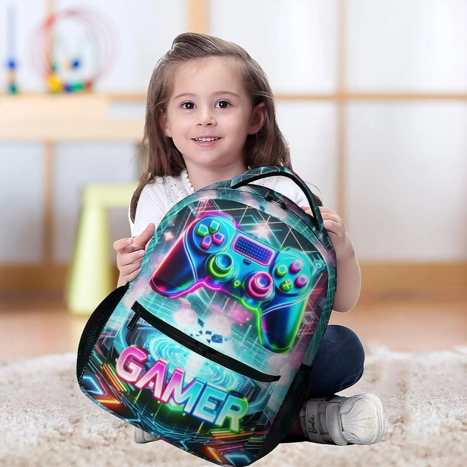 Gaming Backpack for Kids Girls Boys School, 16 Inches Cool Gaming Theme Bookbag, Adjustable, Lightweight, Large Capacity, Colorful Backpack for School